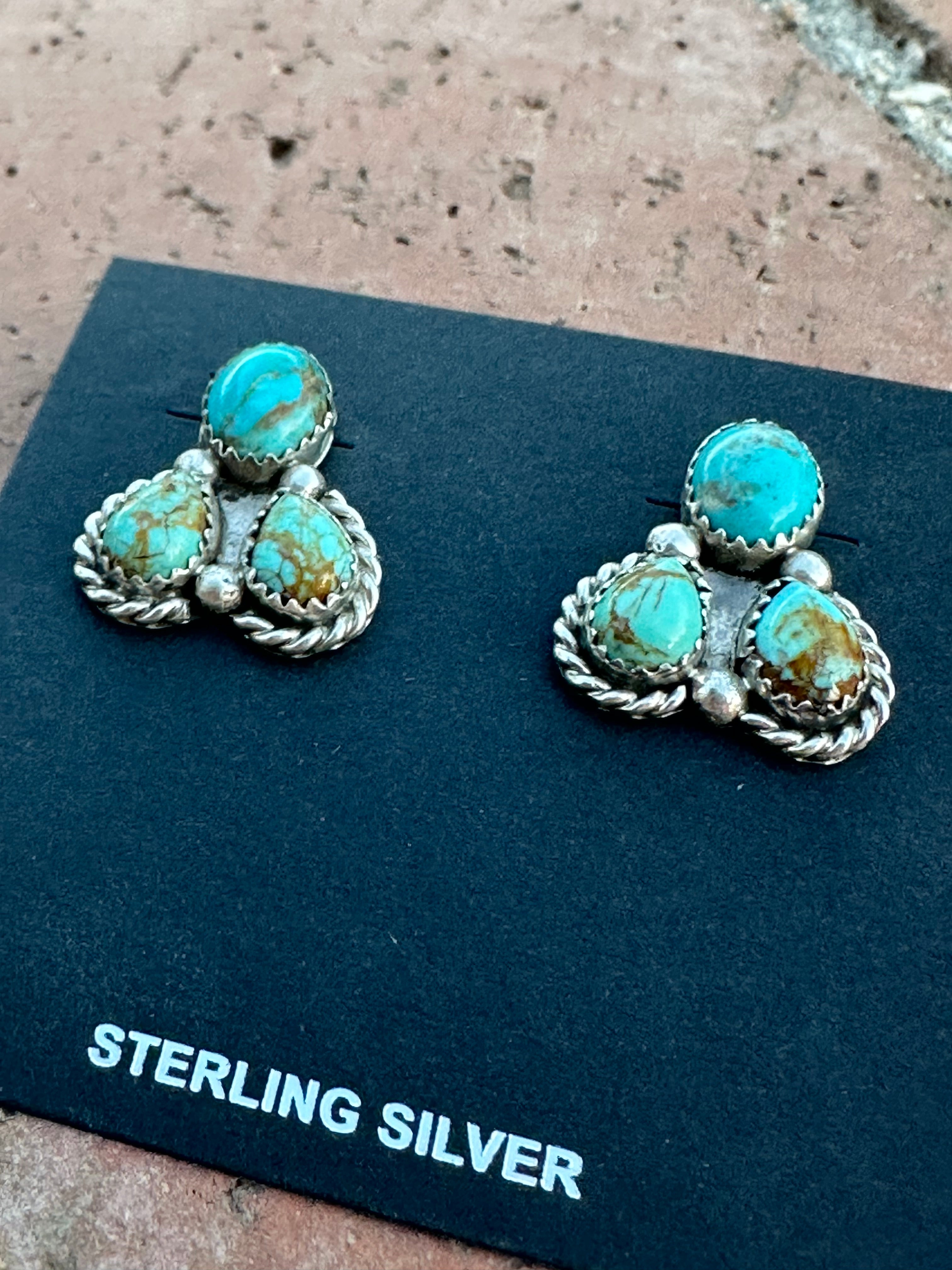 Navajo Kingman Turquoise  Sterling Silver Stud Earrings Signed Maxine Rameriz