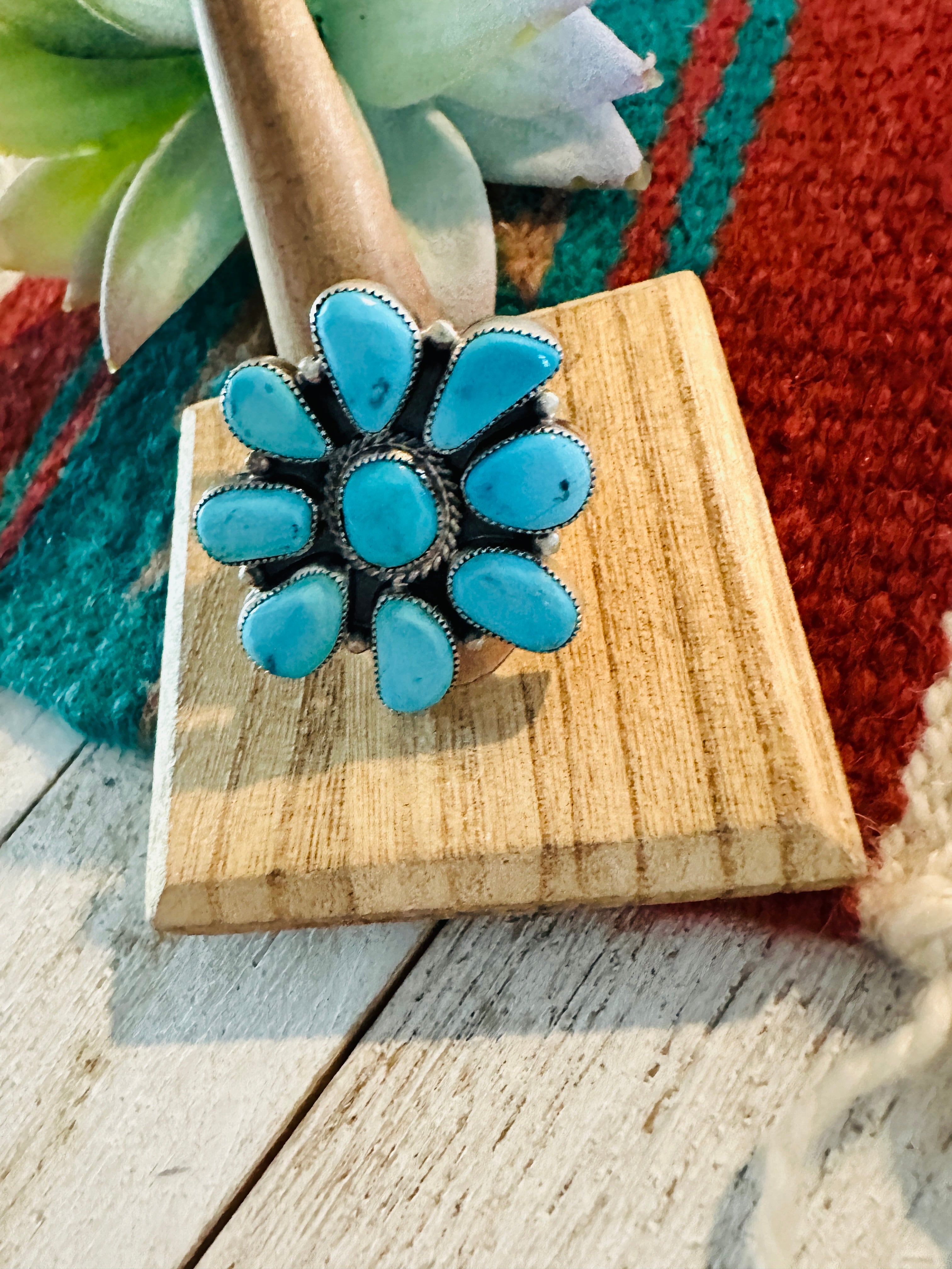 Navajo Turquoise & Sterling Silver Cluster Ring Size 10