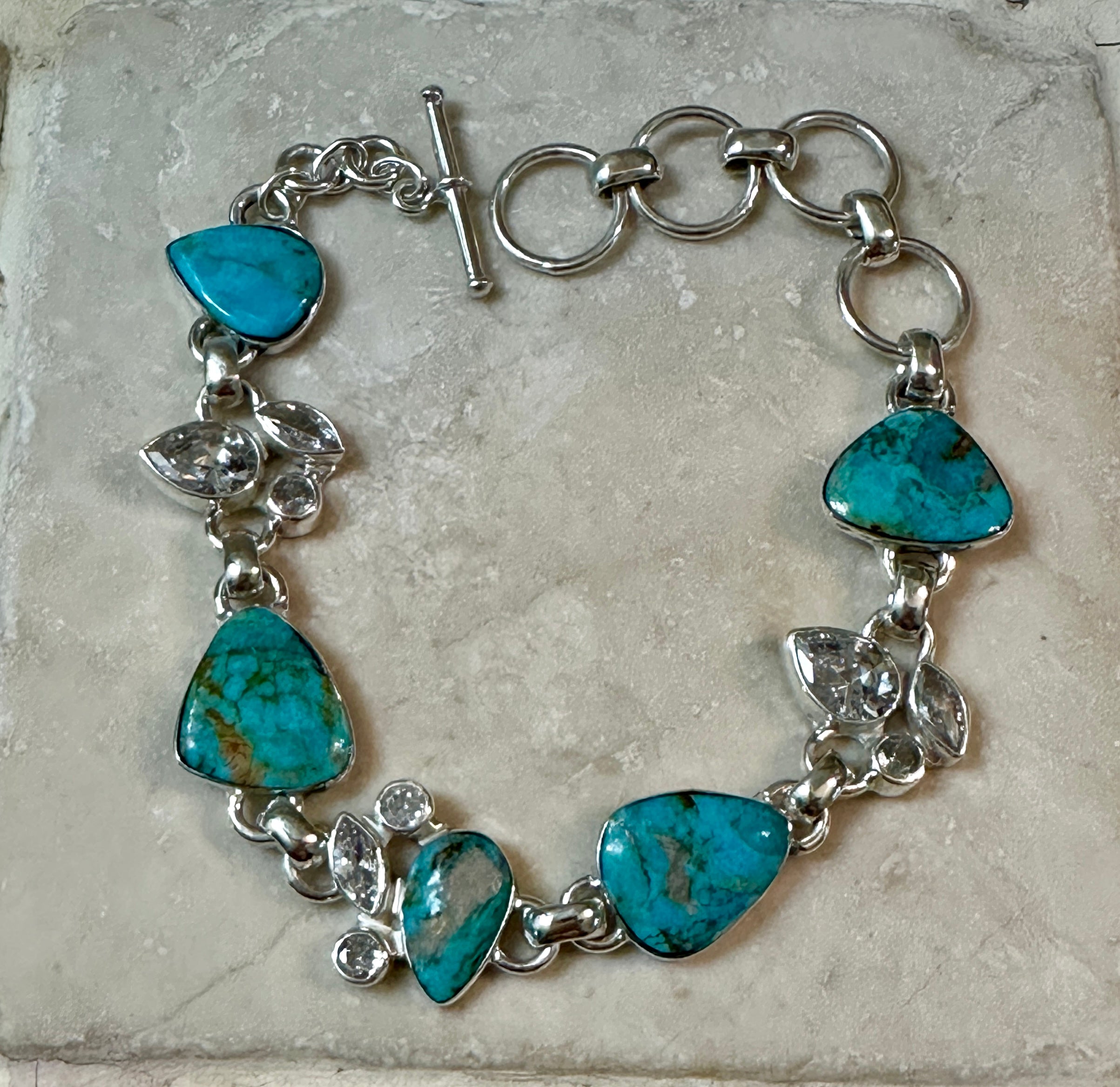 Turquoise 5 Stone & CZ Sterling Silver Bracelet