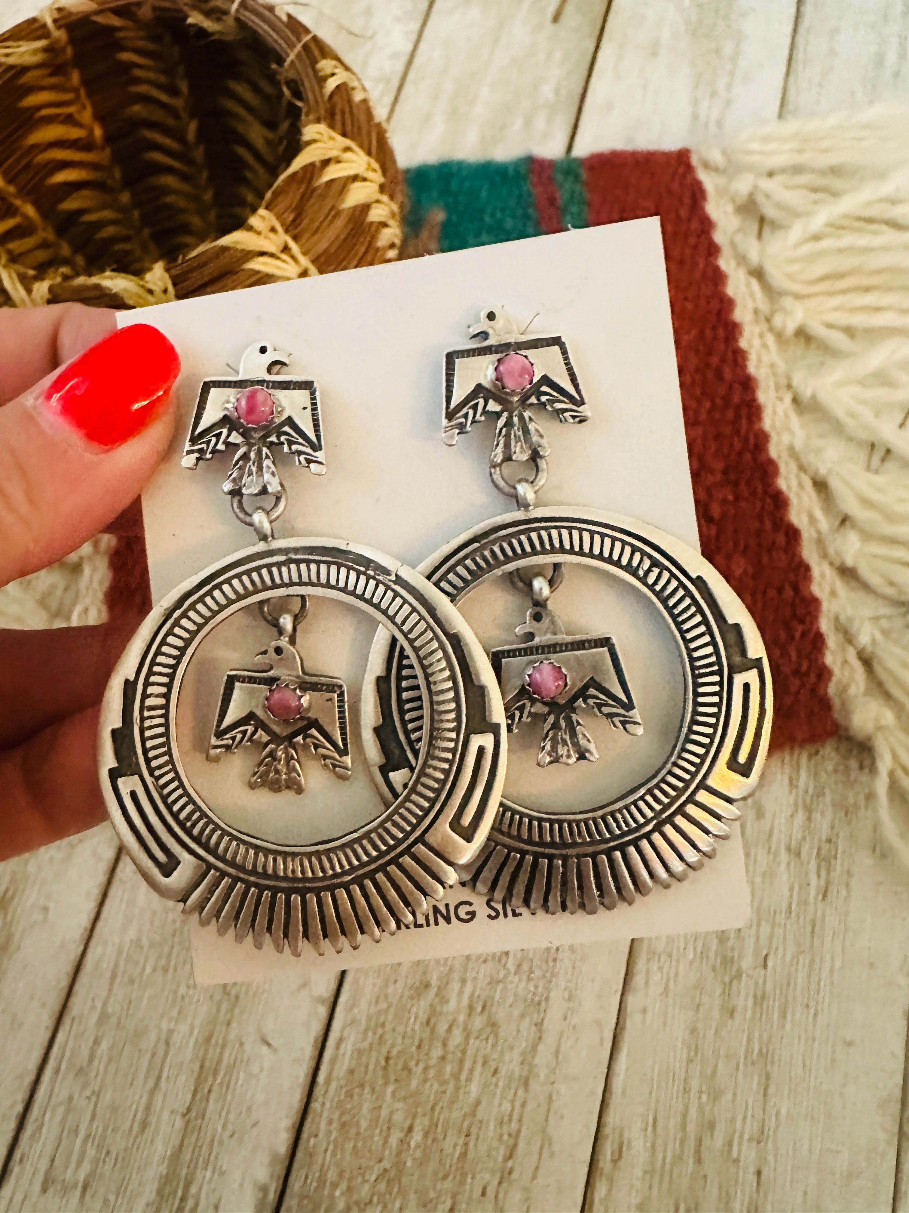 Navajo Sterling Silver & Rhodochrosite Thunderbird Dangle Earrings
