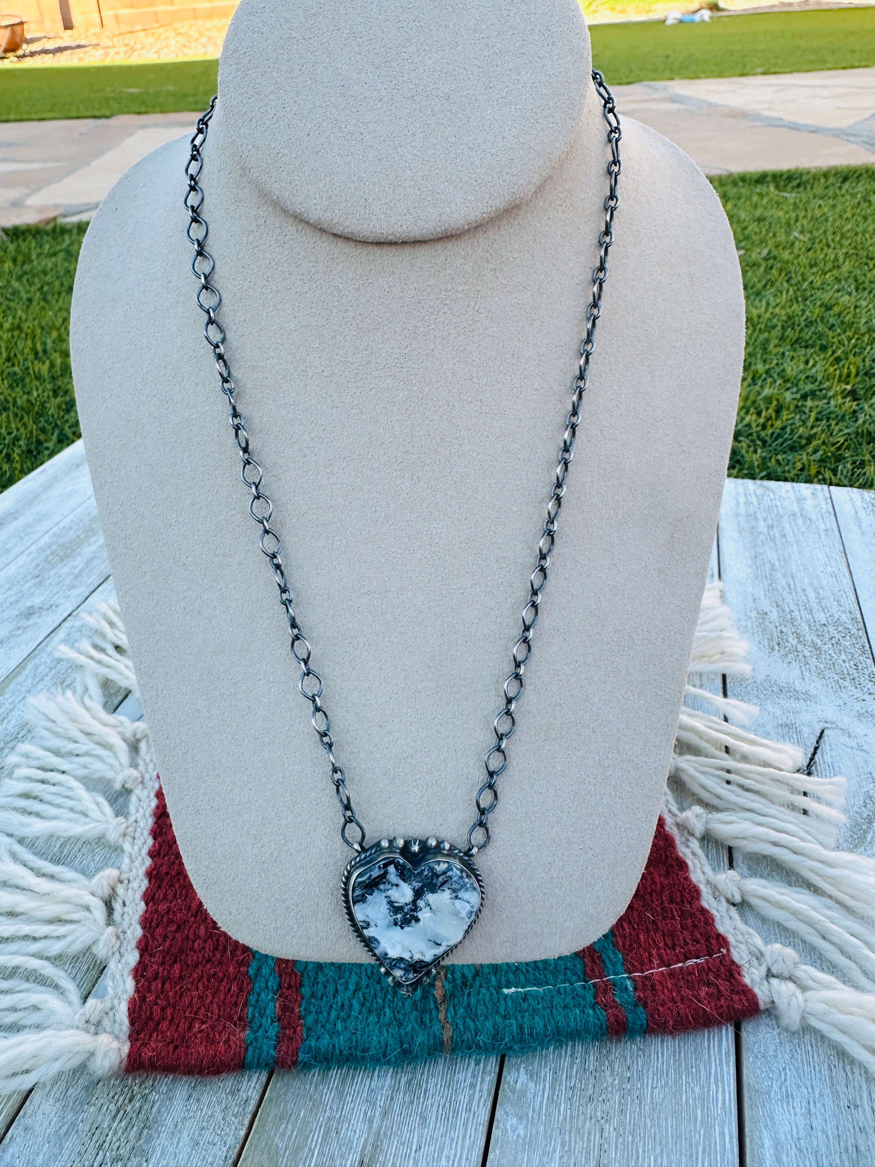 Handcrafted Sterling Silver 18” Link Chain & White Buffalo Heart Necklace