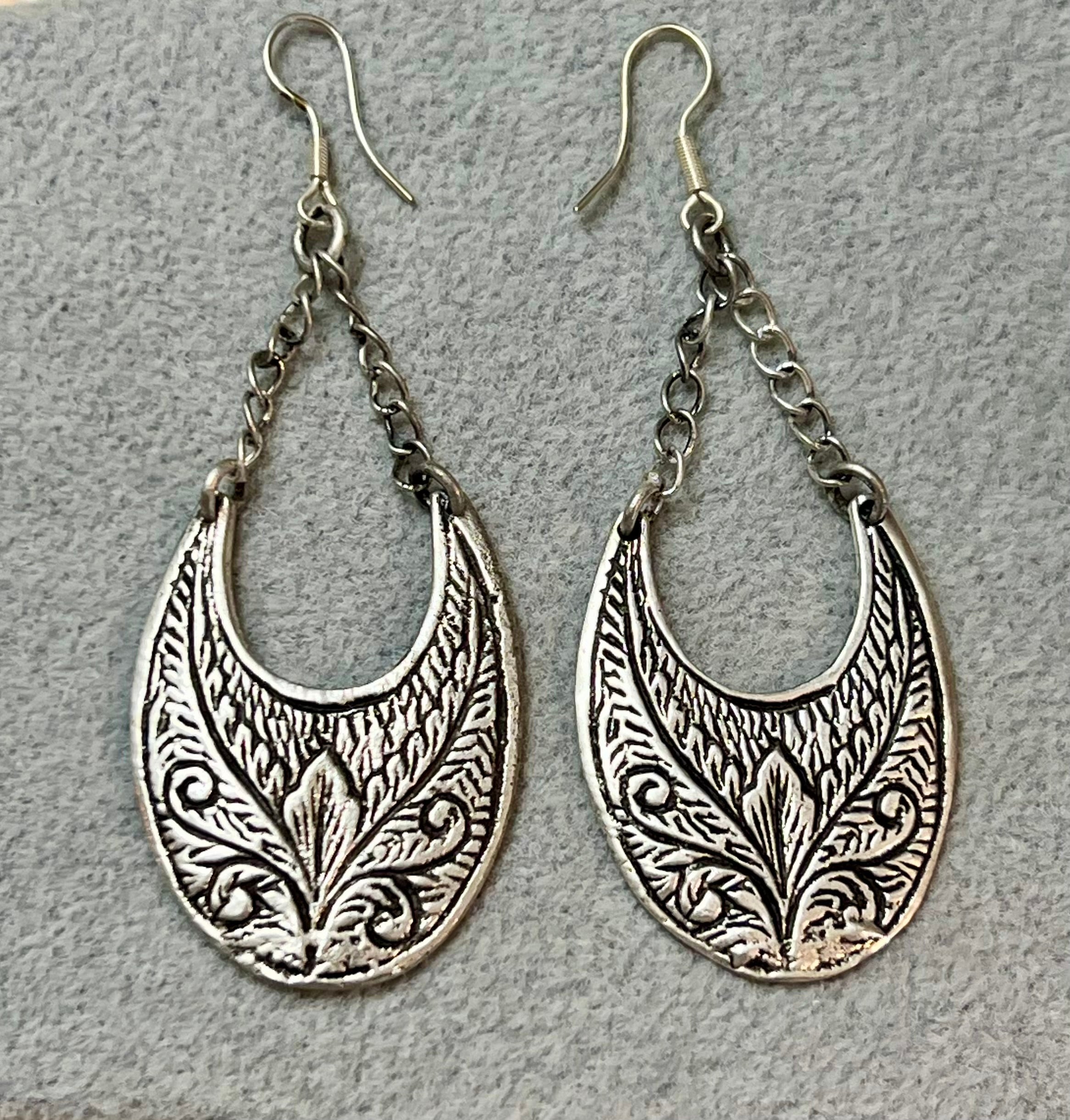 Oval-Shaped, Silver-Plated Engraved Earrings