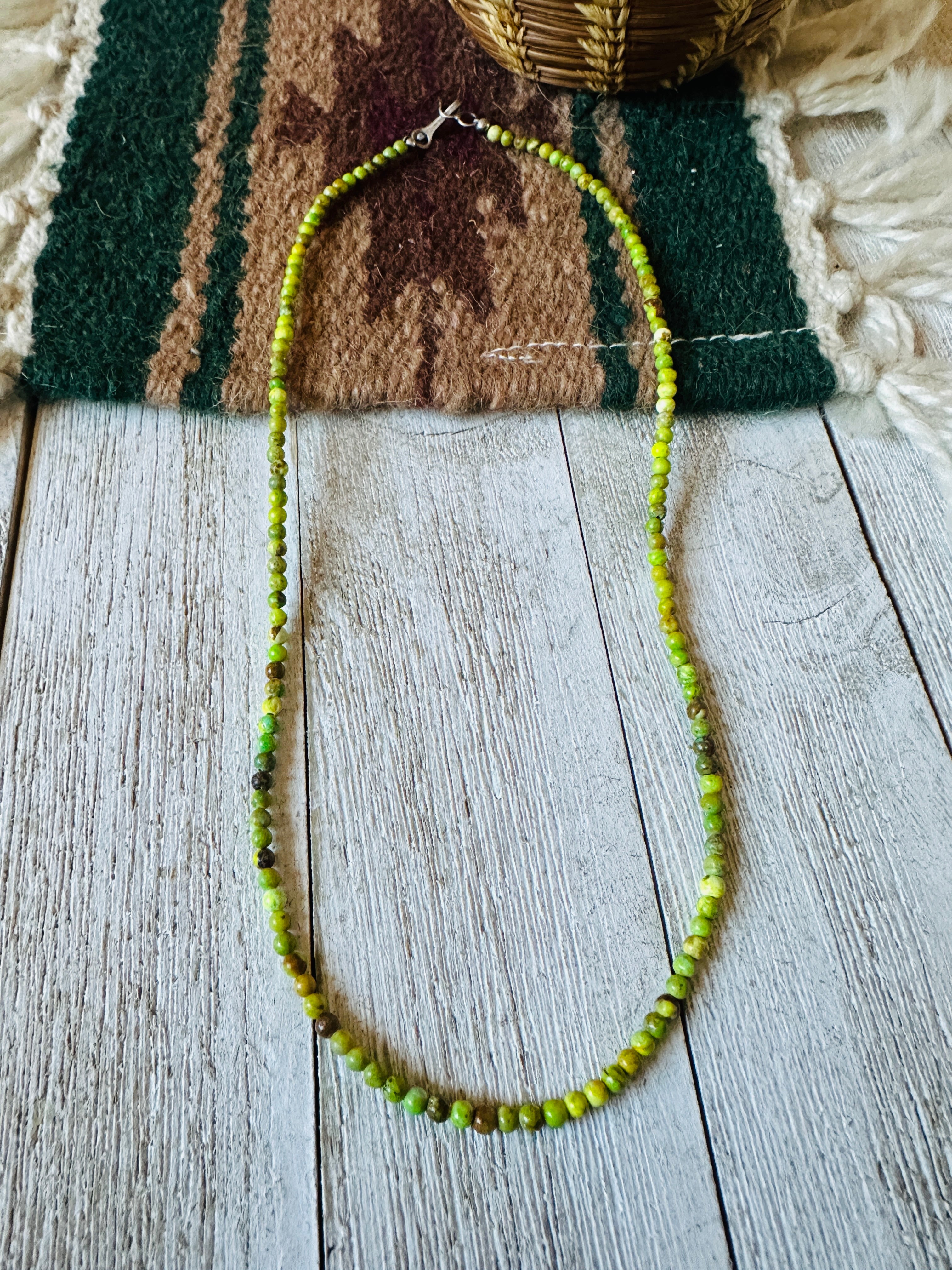 Navajo Green Turquoise & Sterling Silver 18” Beaded Necklace