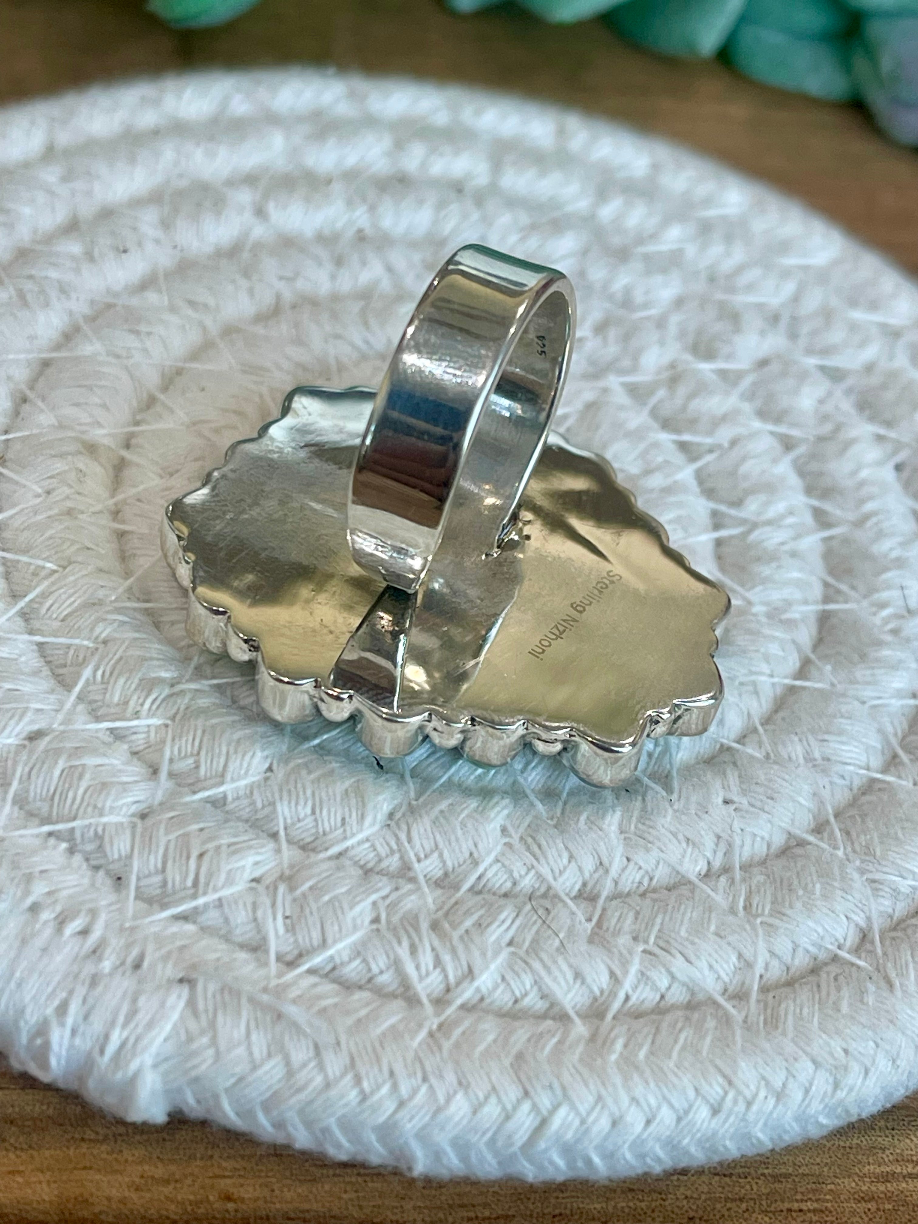 Handmade Opal, Mother Of Pearl, Turquoise And Sterling Silver Adjustable Ring Signed Nizhoni