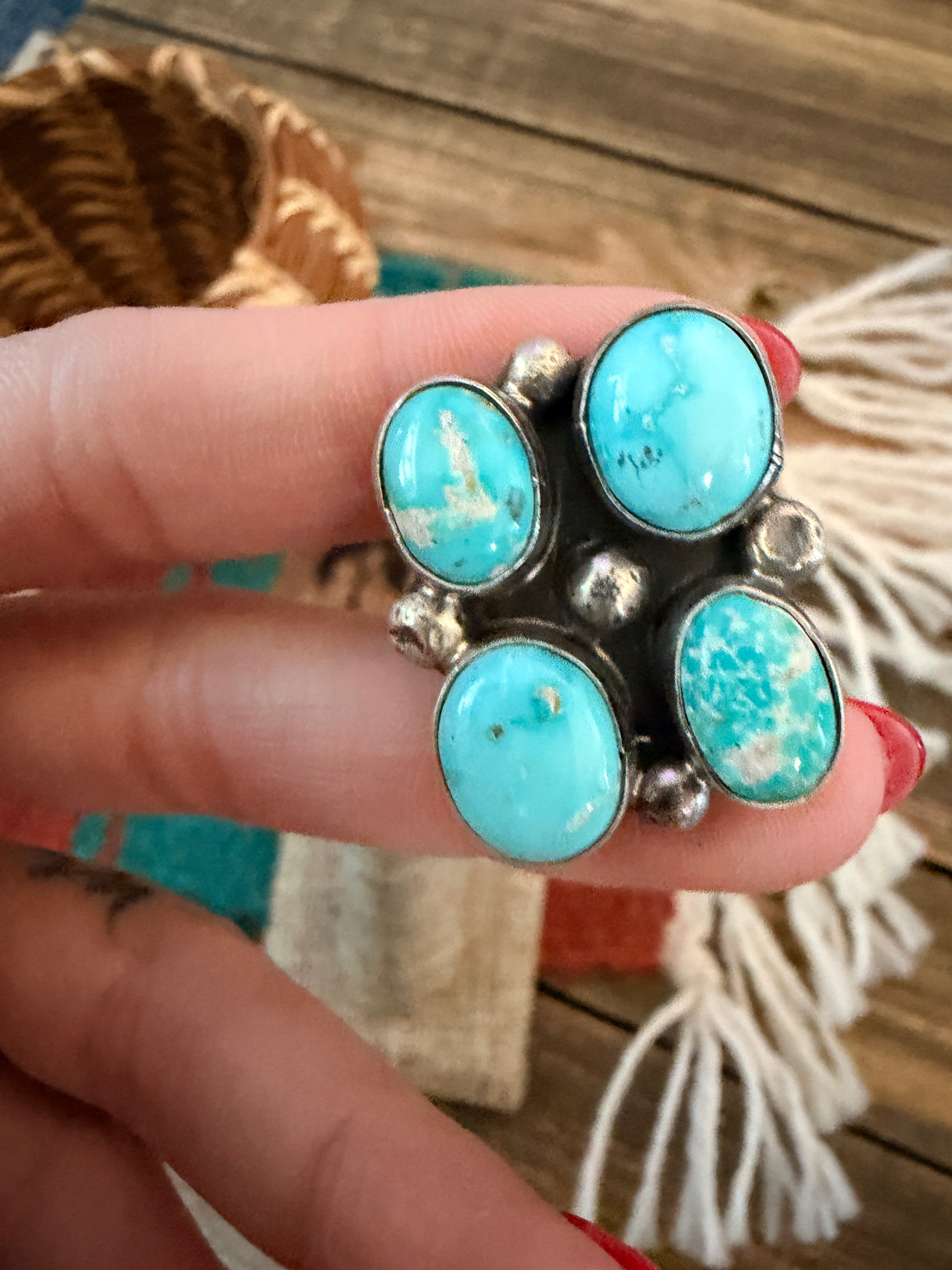 Handcrafted Turquoise & Sterling Silver Cluster Adjustable Ring
