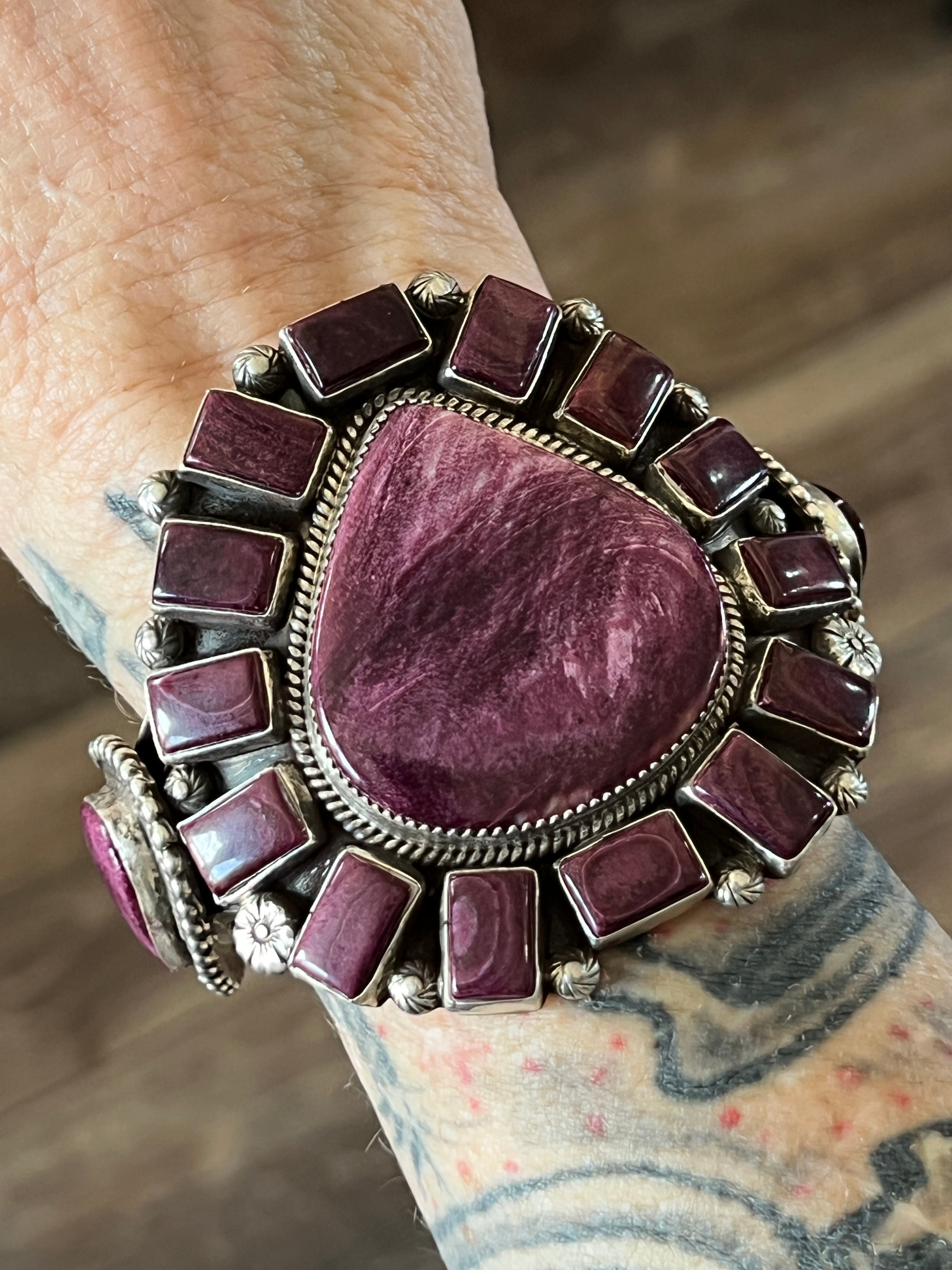 Handcrafted Sterling Silver and Purple Spiny Oyster Shell Cuff Bracelet by Tyler Brown /