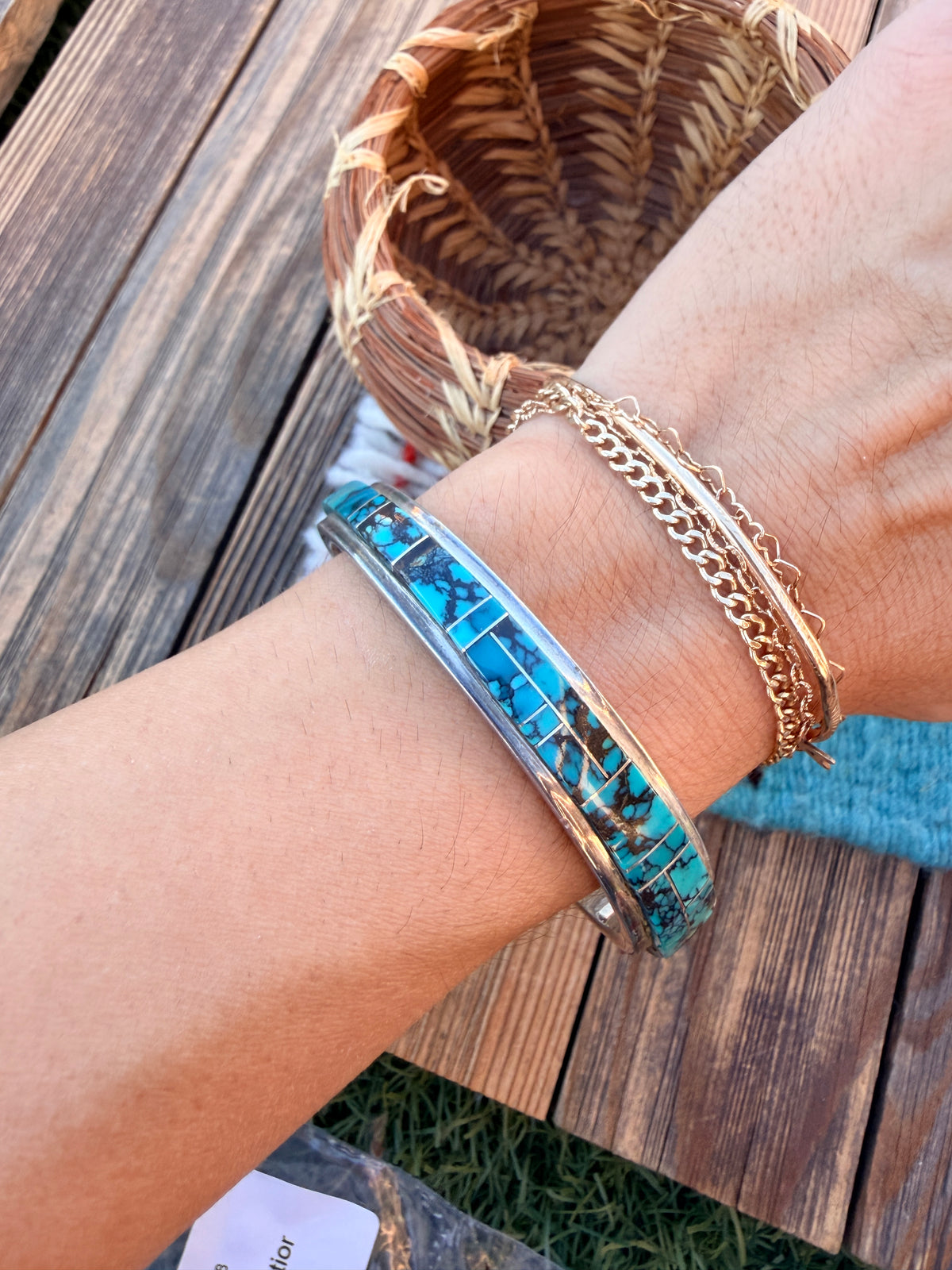 Handcrafted Old Pawn Sterling Silver & Turquoise Inlay Cuff Bracelet