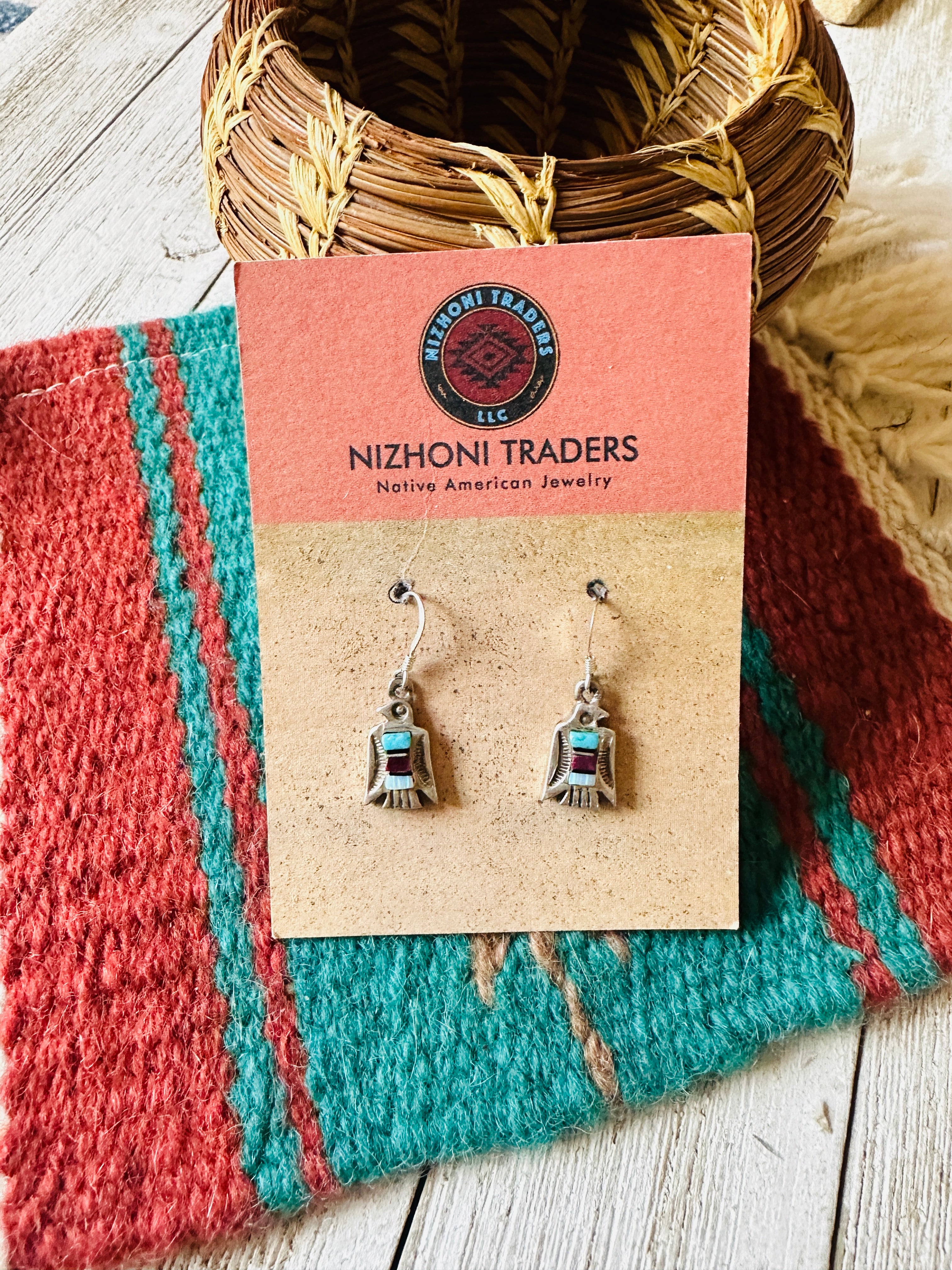 Navajo Sterling Silver & Multi Stone Thunderbird Dangle Earrings