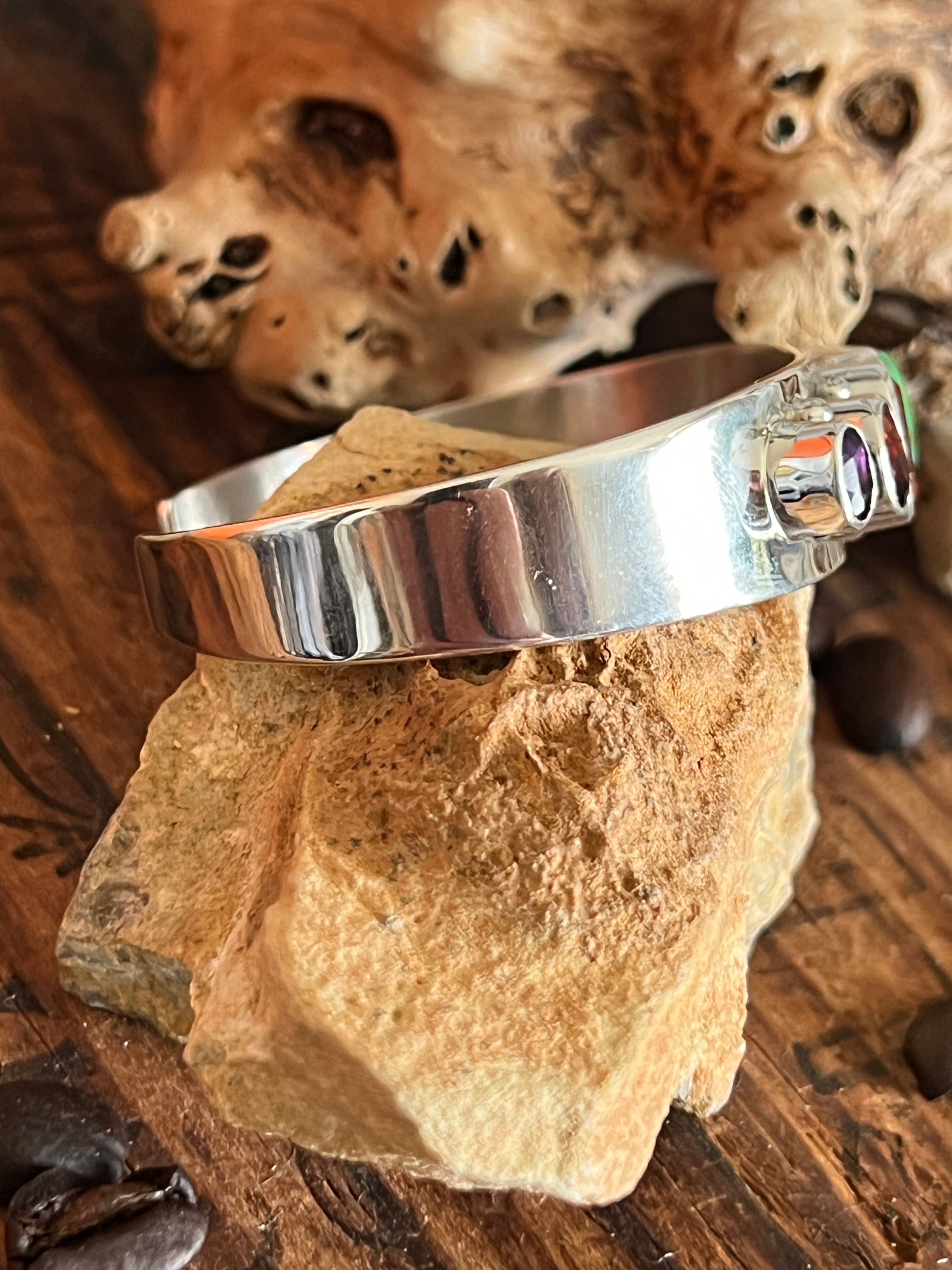 Handcrafted Sterling Silver Gems & Jewels Stacker Cuff Bracelet by Lucy Jake, Wider