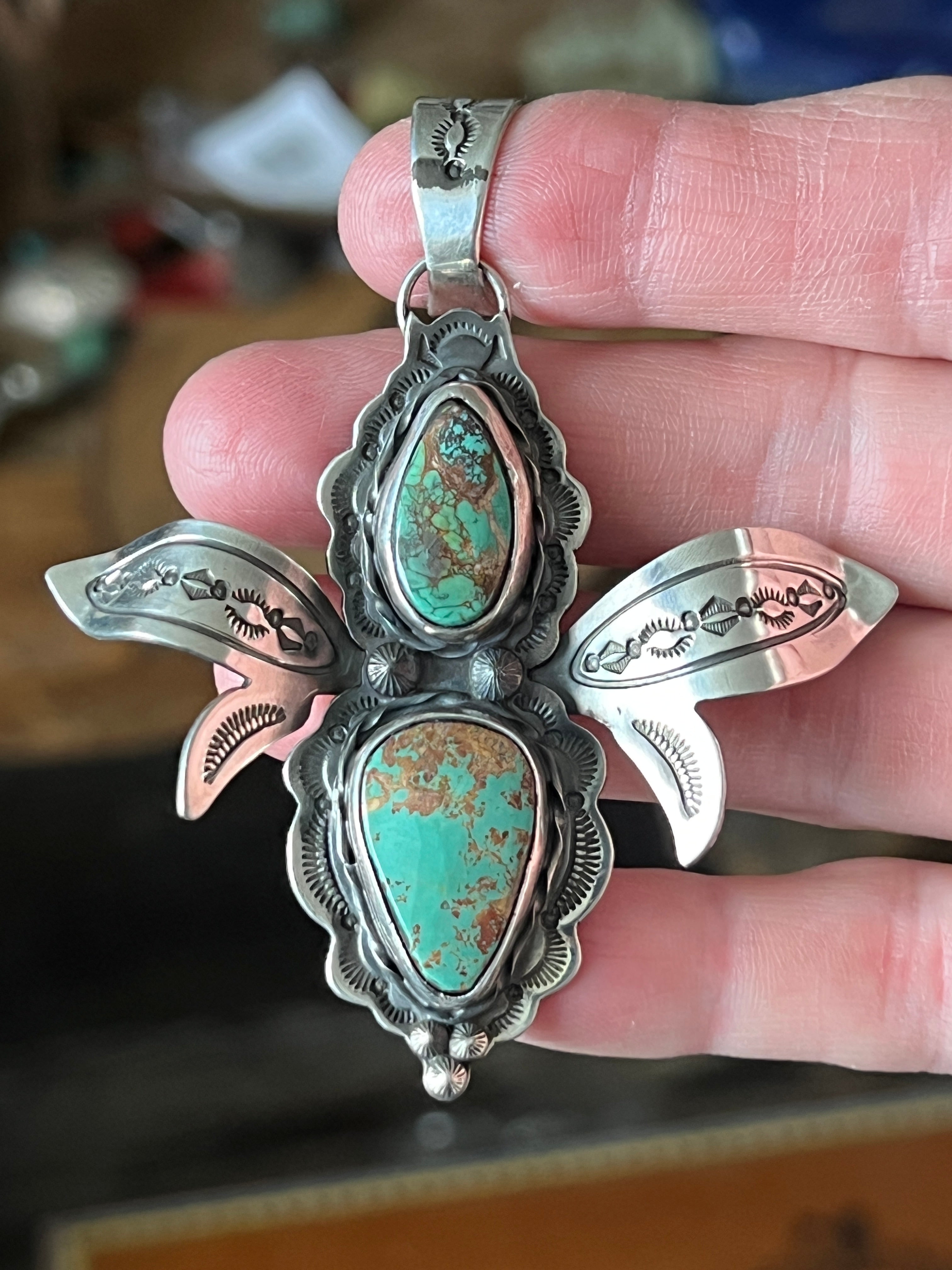 Handcrafted Kimari Somers Sterling Silver and Turquoise Winged Bug Pendant