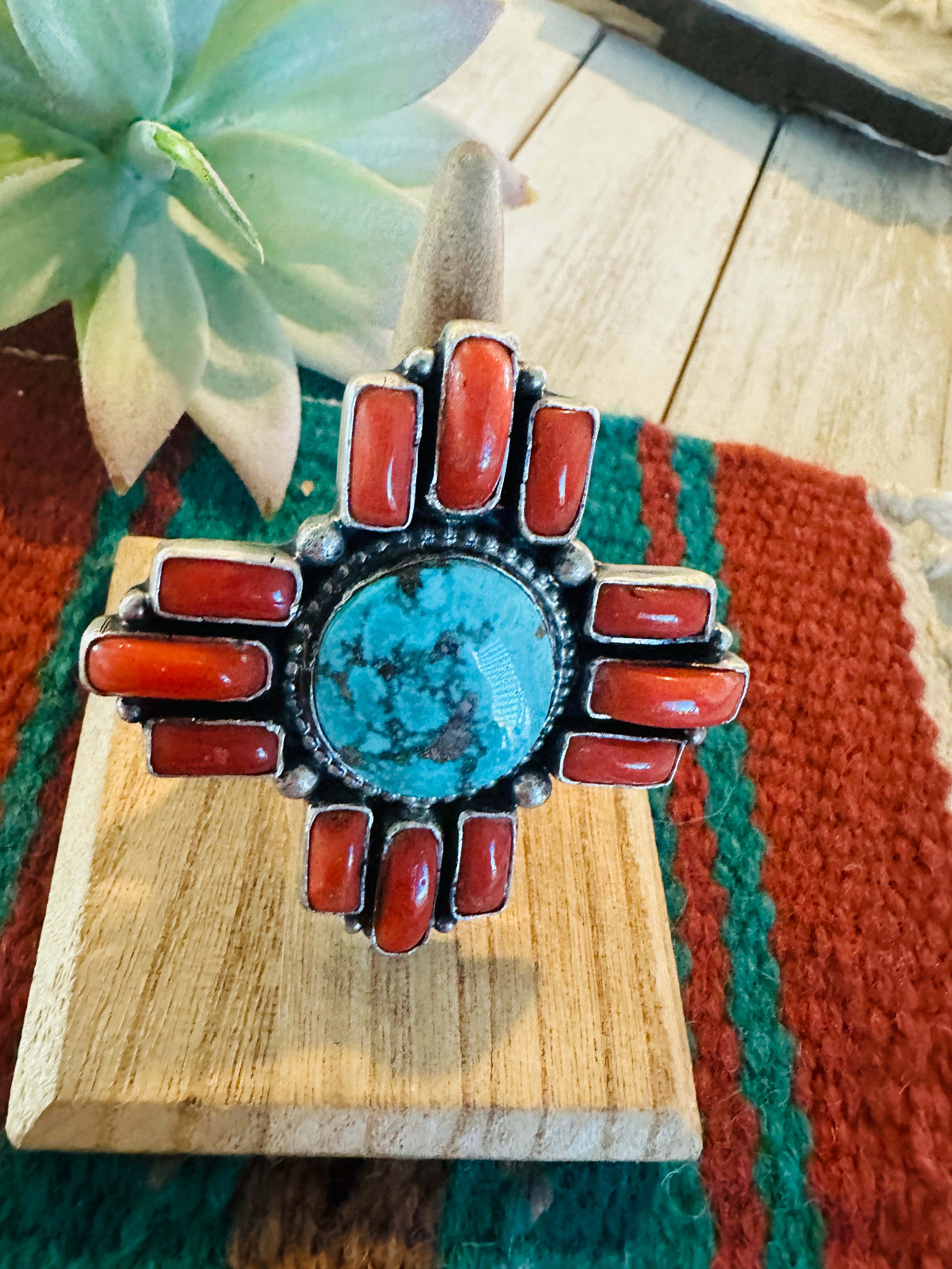 Navajo Kingman Turquoise, Coral & Sterling Silver Ring Size 7