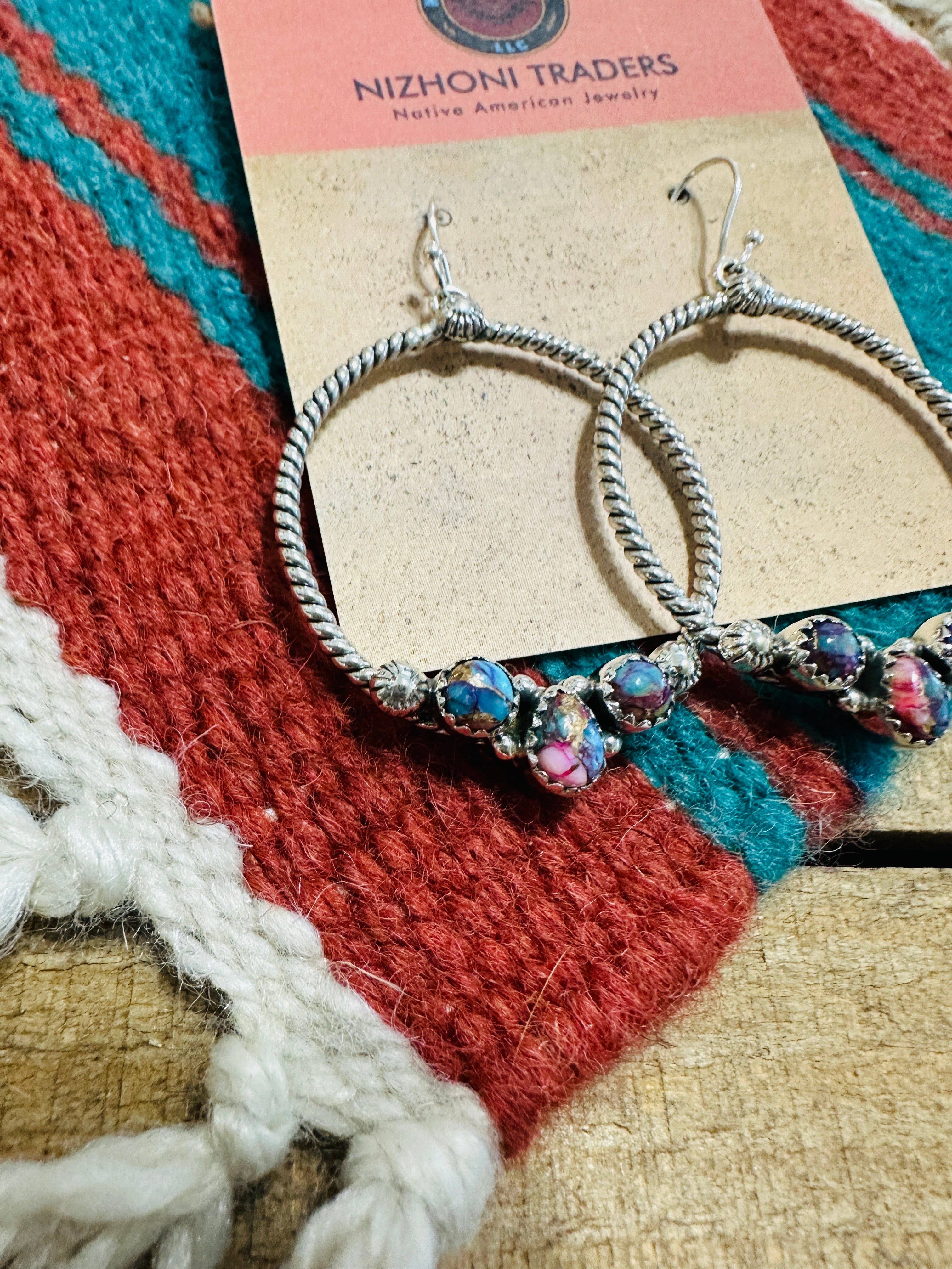 Handmade Pink Dream Mojave & Sterling Silver Dangle Hoop Earrings Signed Nizhoni