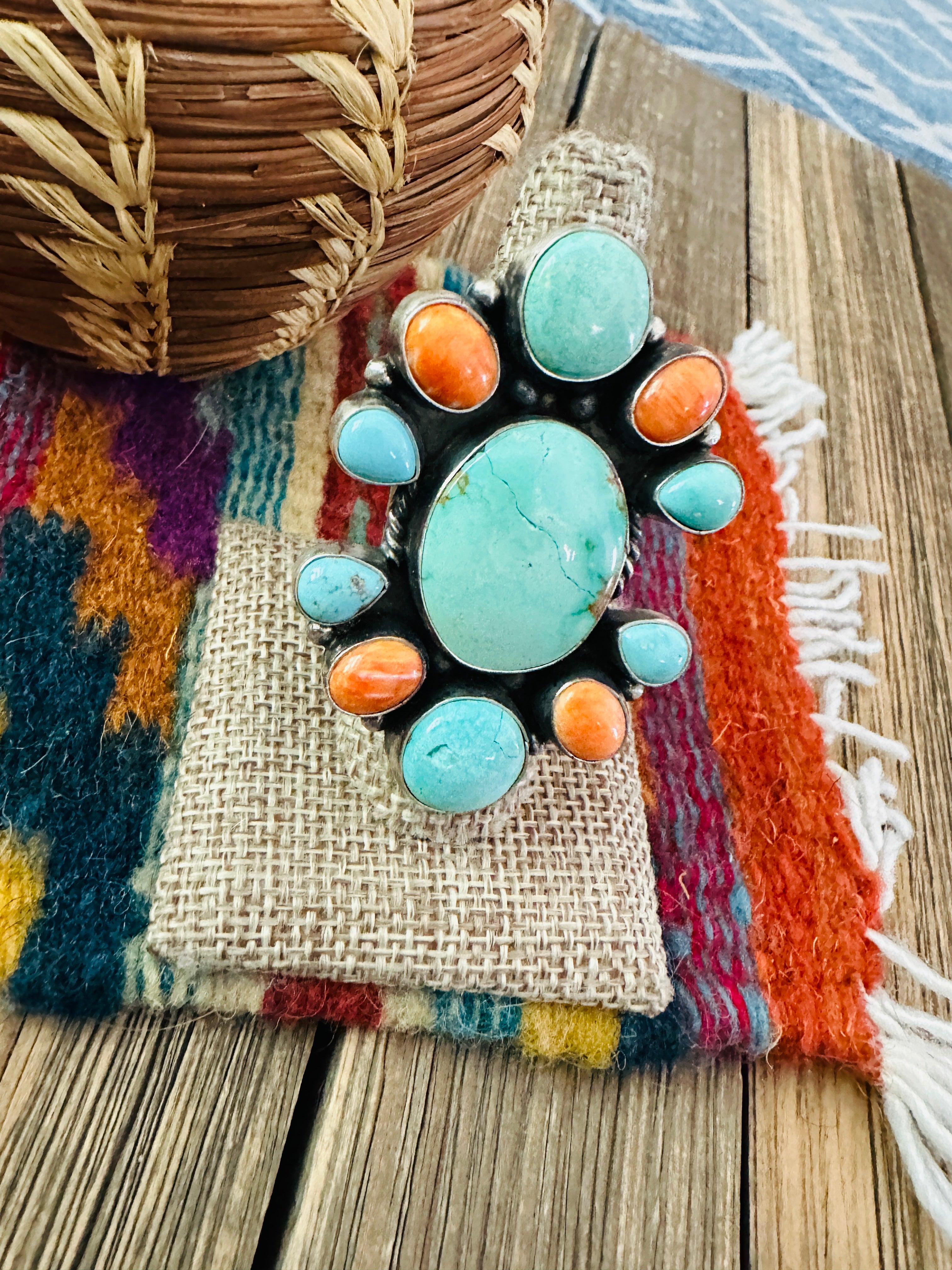 Handcrafted Spiny, Turquoise & Sterling Silver Cluster Ring Size 8.5 by Sheila Becenti
