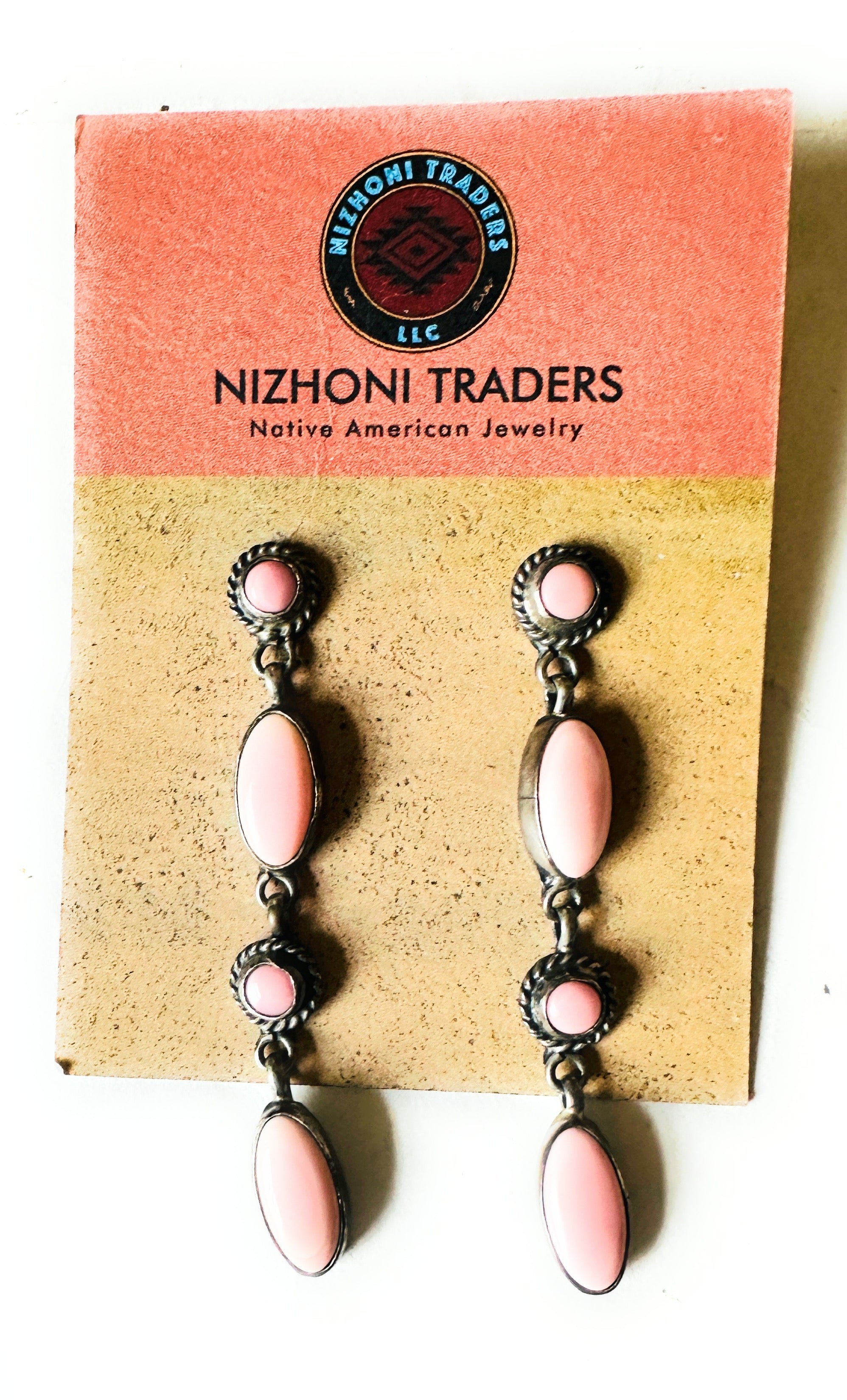 Navajo Queen Pink Conch & Sterling Silver 4-Stone Dangle Earrings