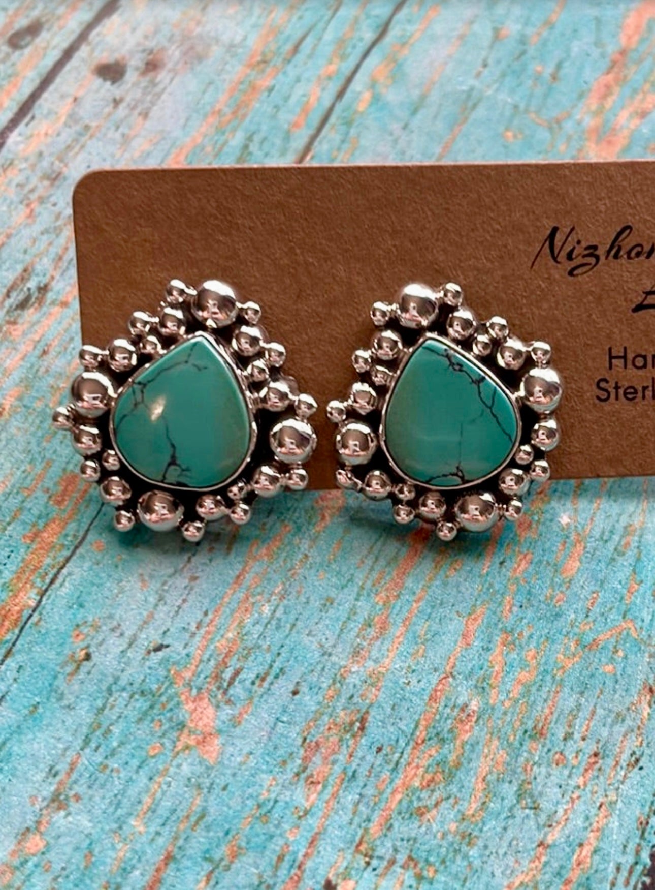 Handmade Turquoise and Sterling Silver Stud Earrings Signed Nizhoni