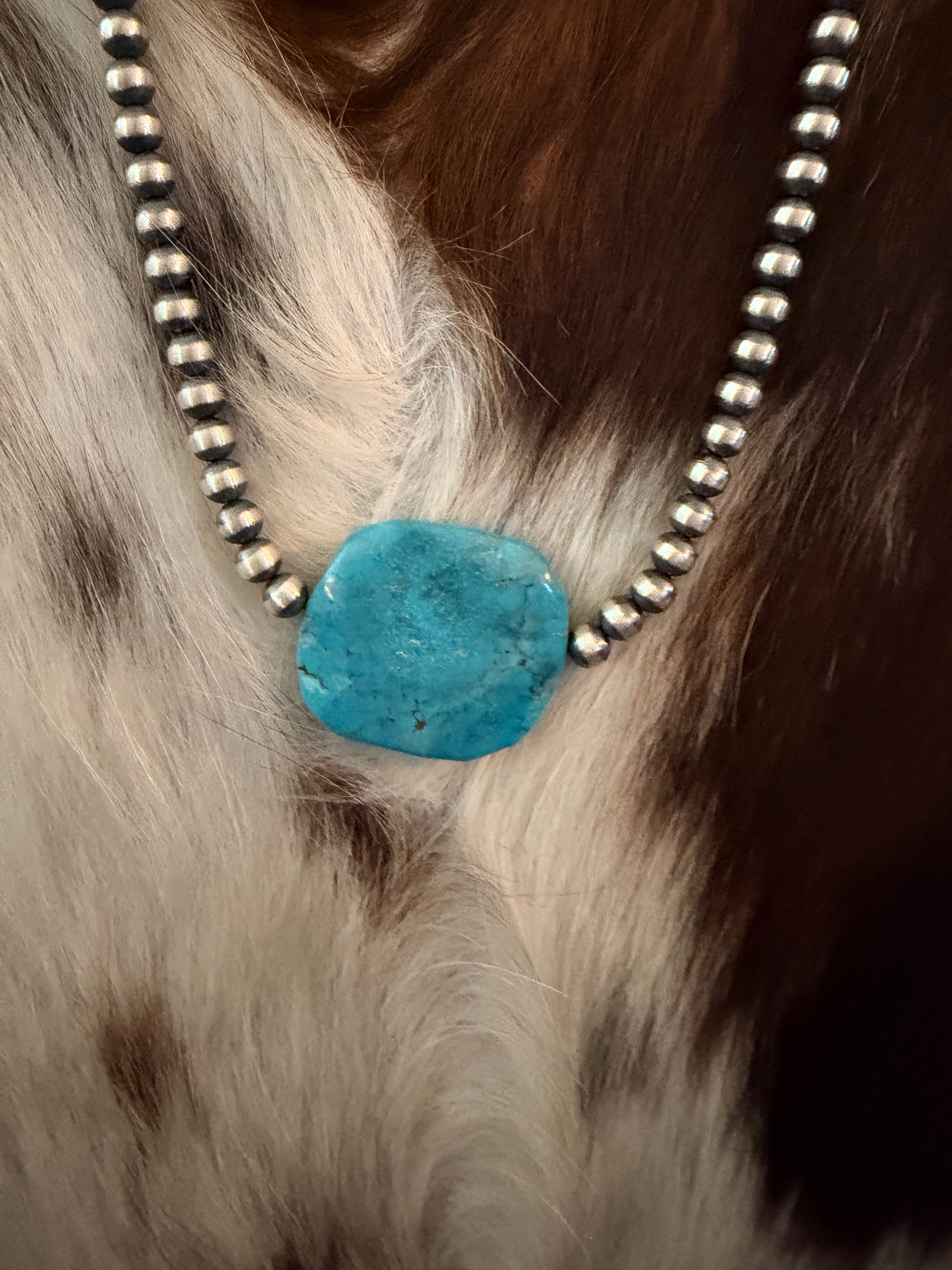 Handcrafted Kingman Turquoise & Sterling Silver Pearl 18” Beaded Necklace
