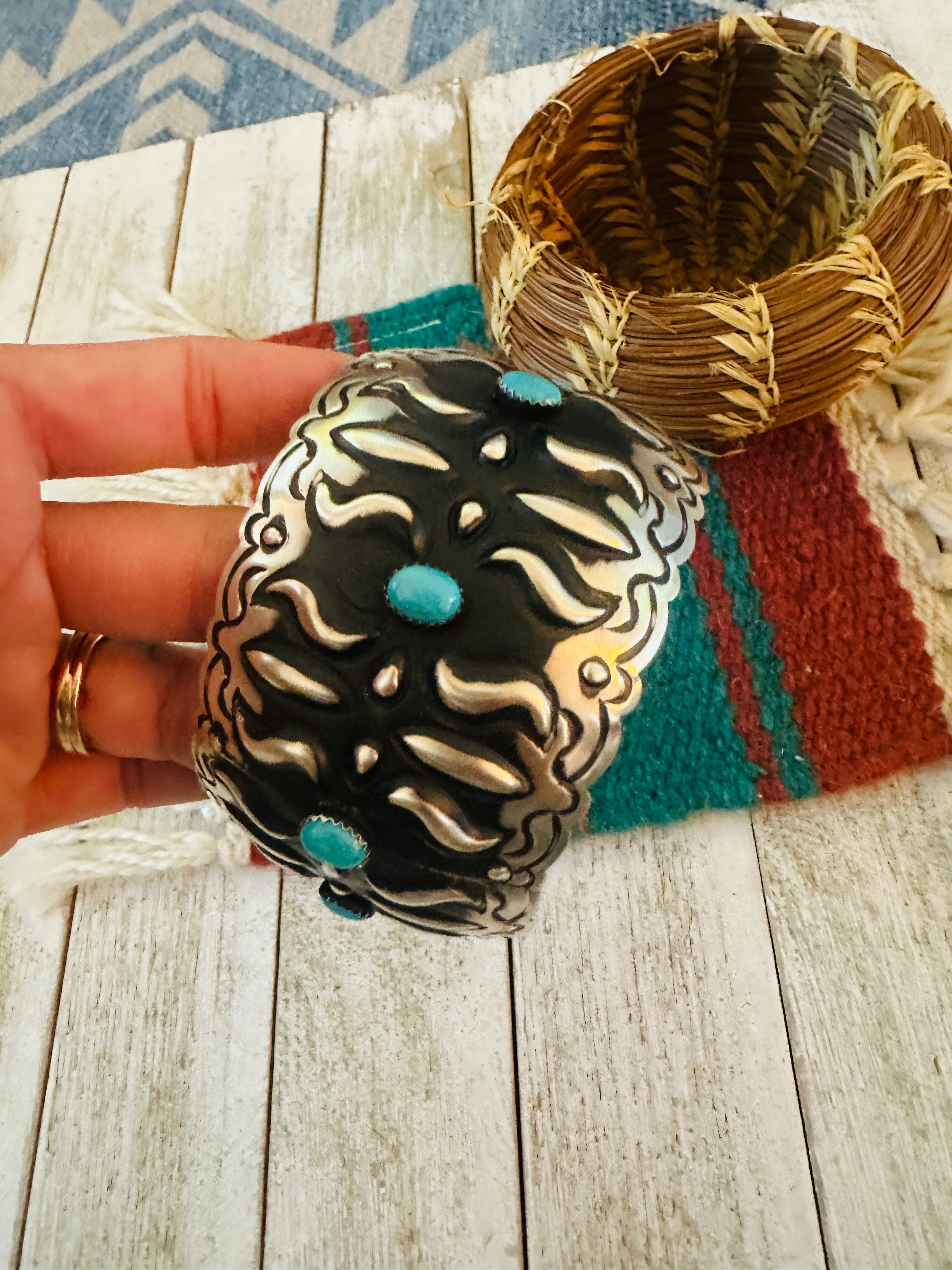 Handcrafted Sterling Silver & Turquoise Bangle Bracelet by Leander Tahe