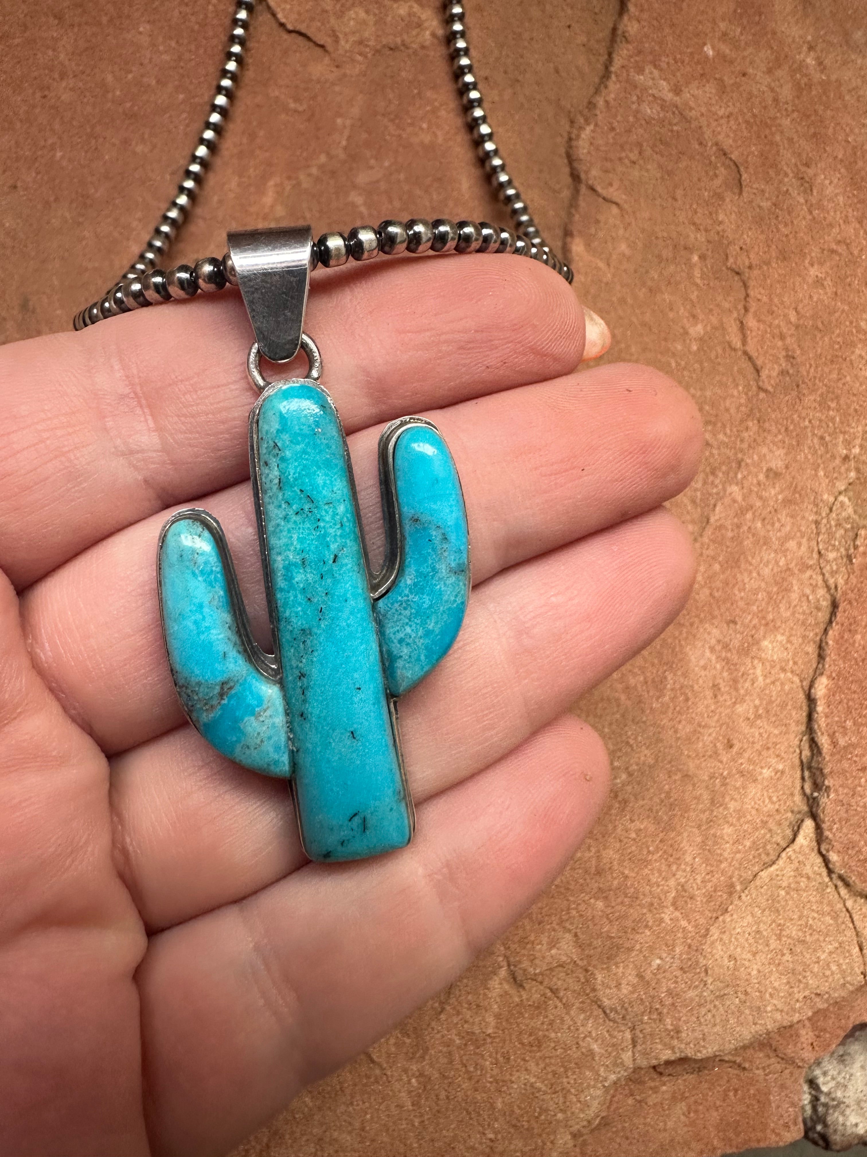 Handmade Sterling Silver Turquoise Cactus Pendant