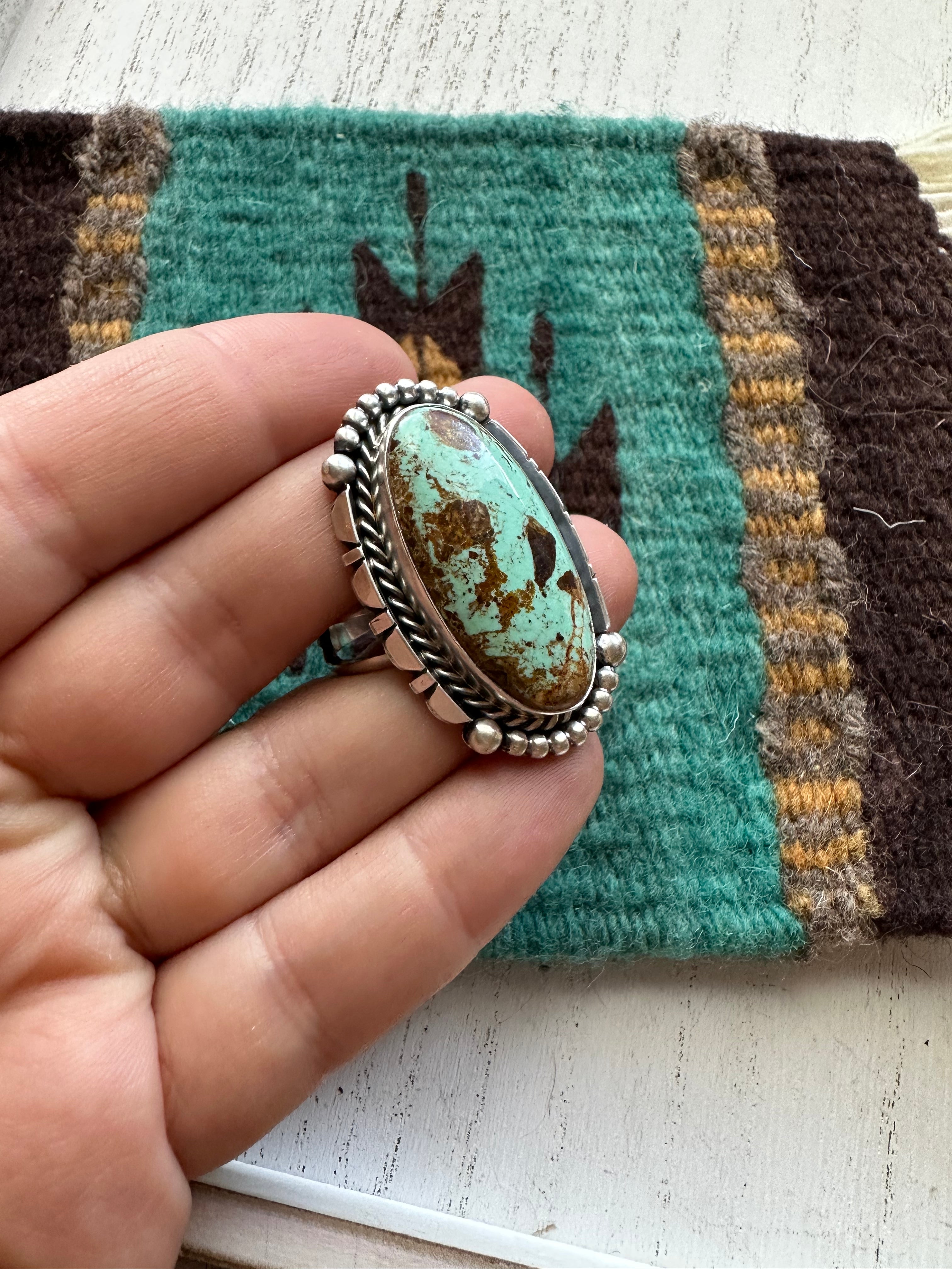 Gorgeous Navajo Sterling Silver & Turquoise Adjustable Ring Signed LK