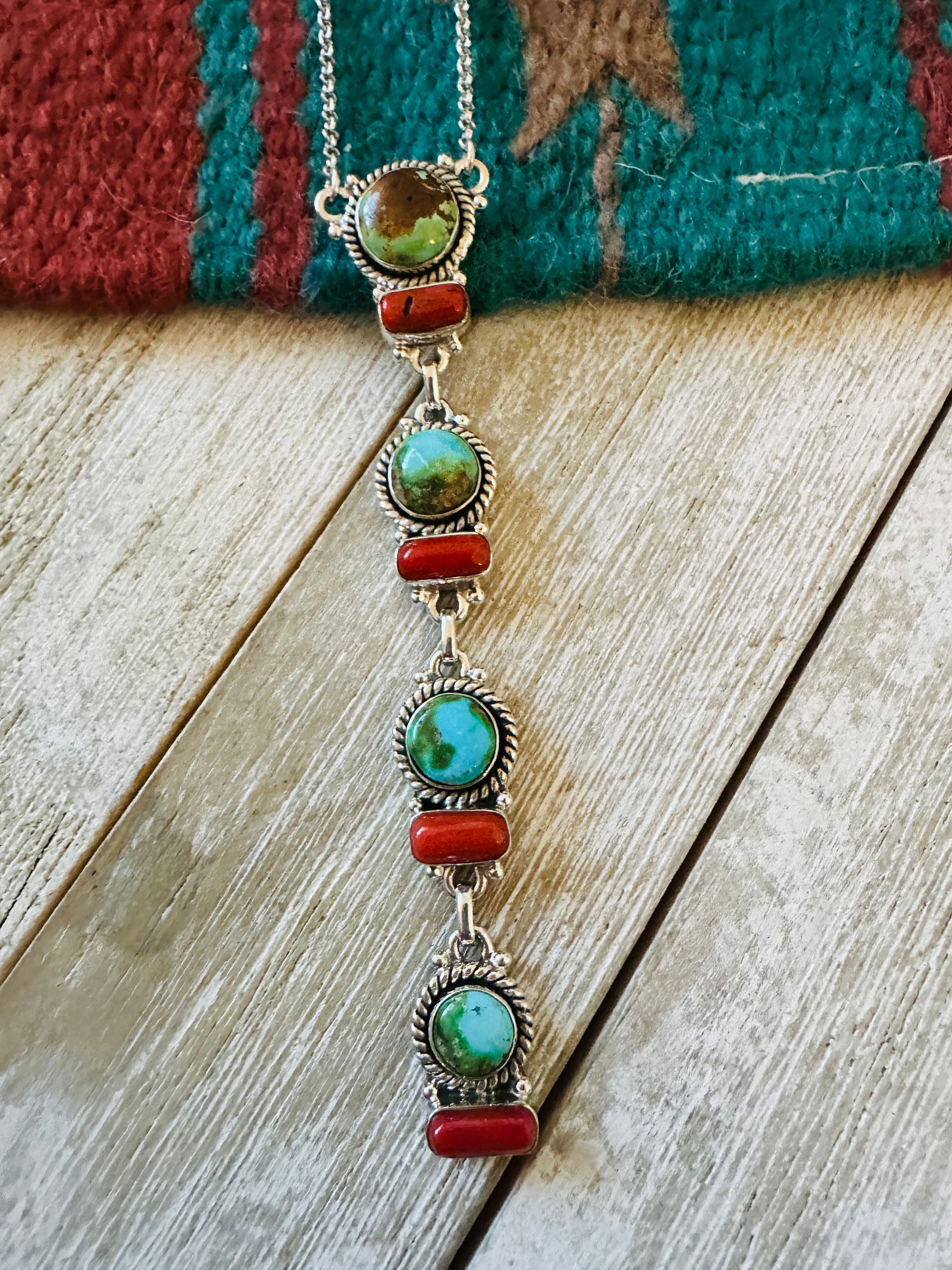 ** Christmas Collection ** Handmade Sterling Silver, Turquoise & Coral Necklace Signed Nizhoni