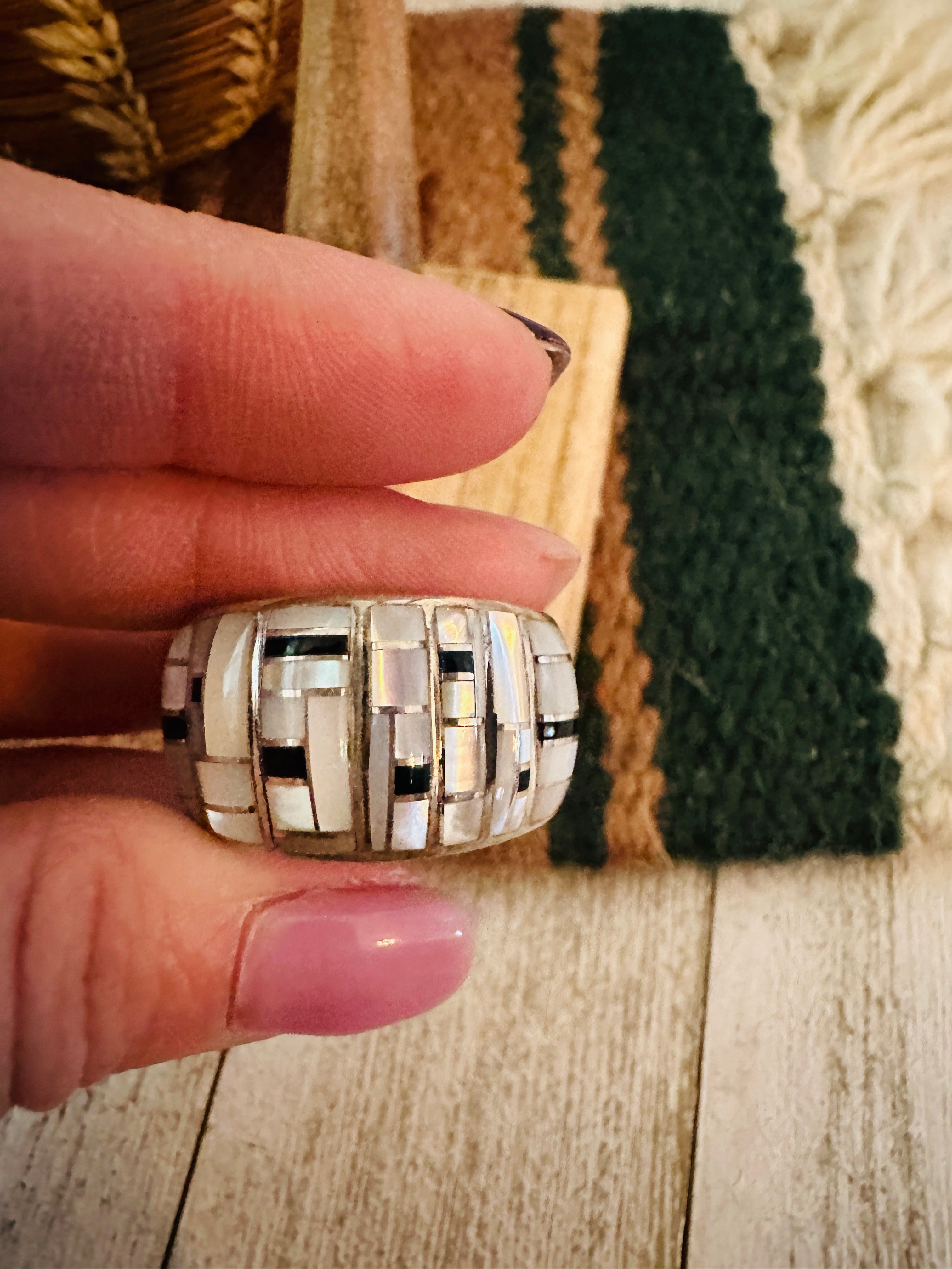 Navajo Mother of Pearl, Onyx & Sterling Silver Inlay Ring Size 12