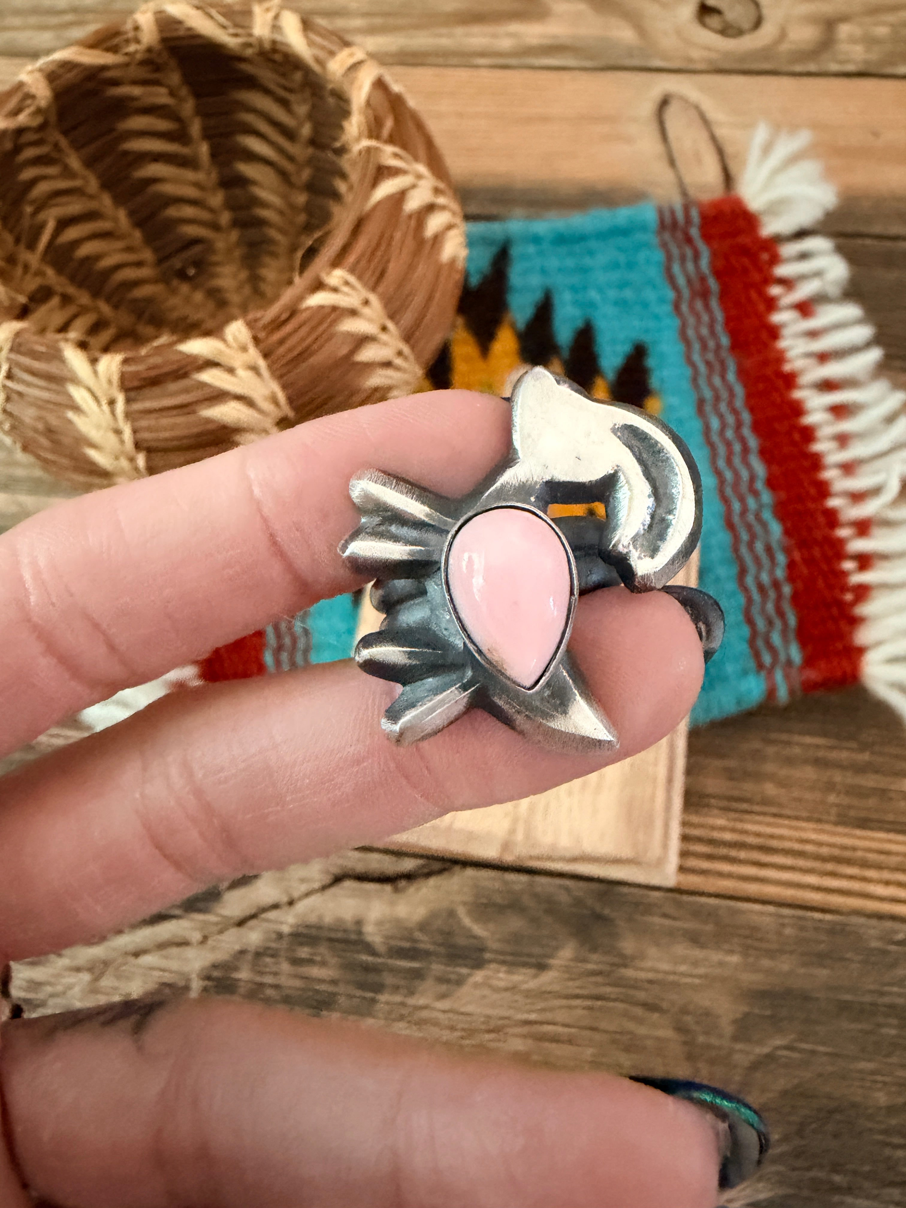 Handcrafted Queen Pink Conch and Sterling Silver Goat Ring size 7.75 by Chimney Butte
