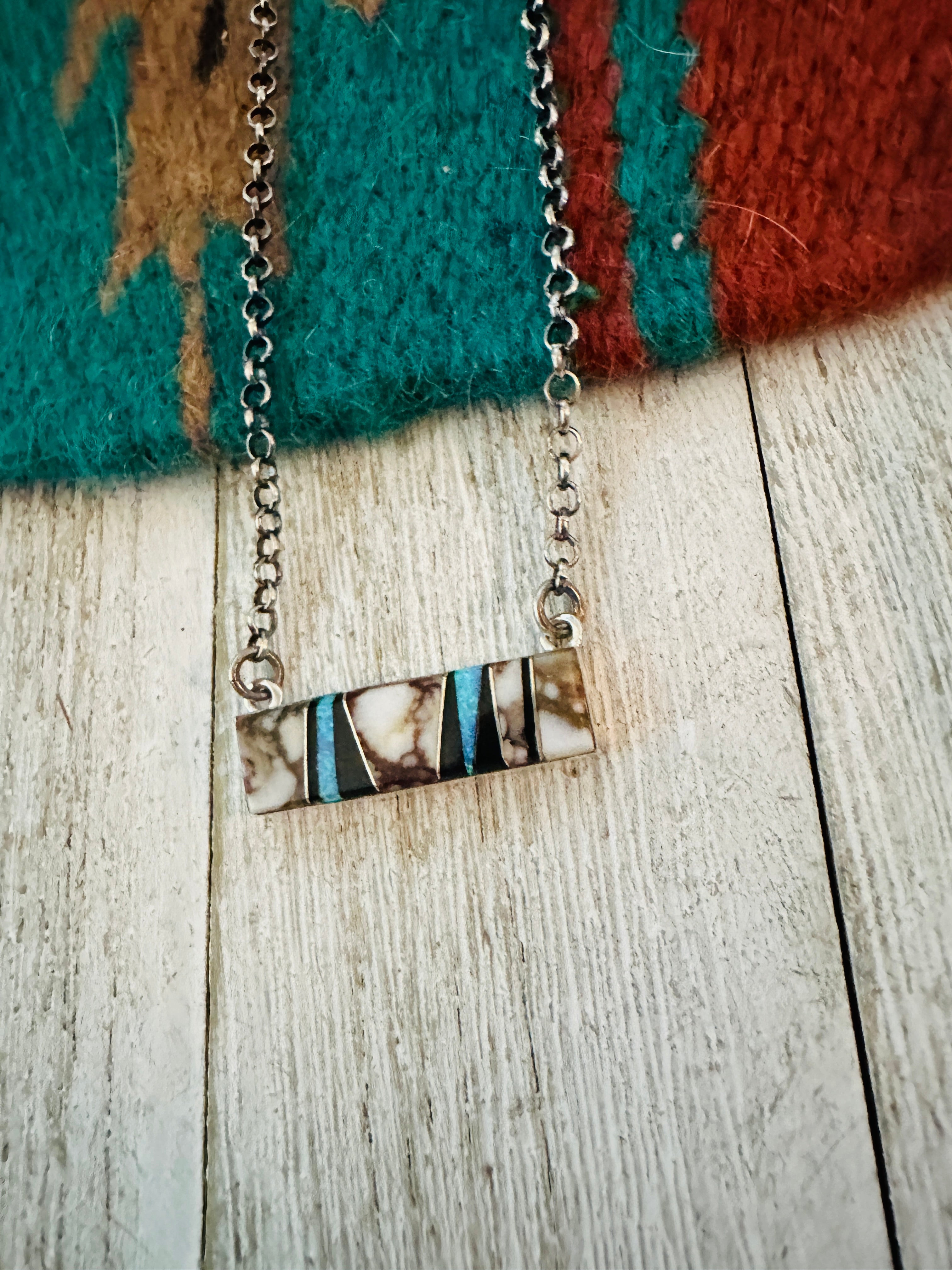 Navajo Multi Stone & Sterling Silver Inlay Bar Necklace