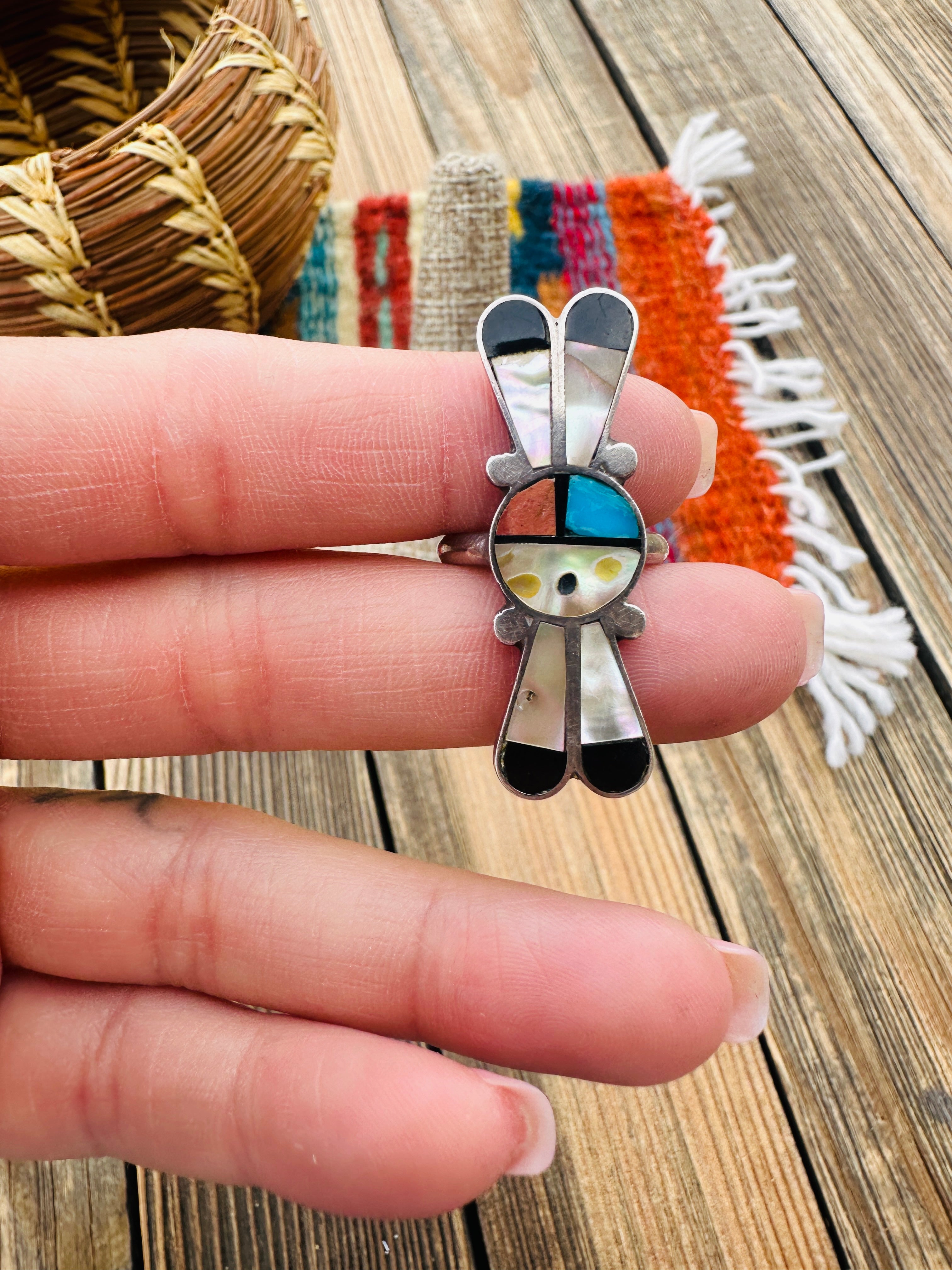 Old Pawn Handcrafted Multi Stone & Sterling Silver Sun Face Ring Size 5.5