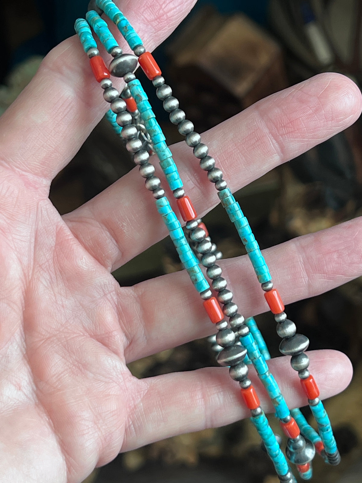 Bohemian Bliss Beaded Choker with Sterling Silver, Mediterranean Coral and Turquoise, 16” + 2”