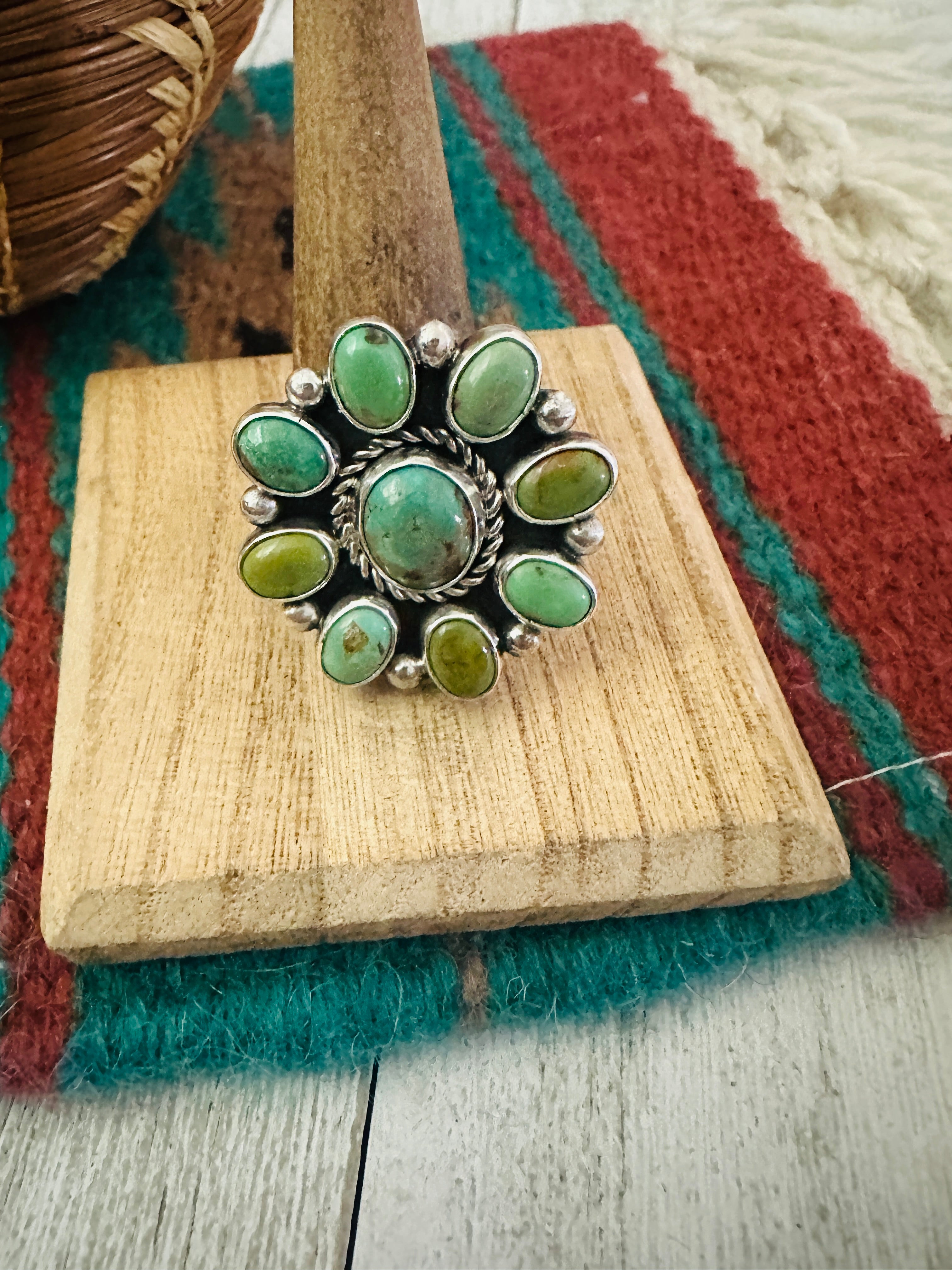 Navajo Sterling Silver & Turquoise Cluster Adjustable Ring