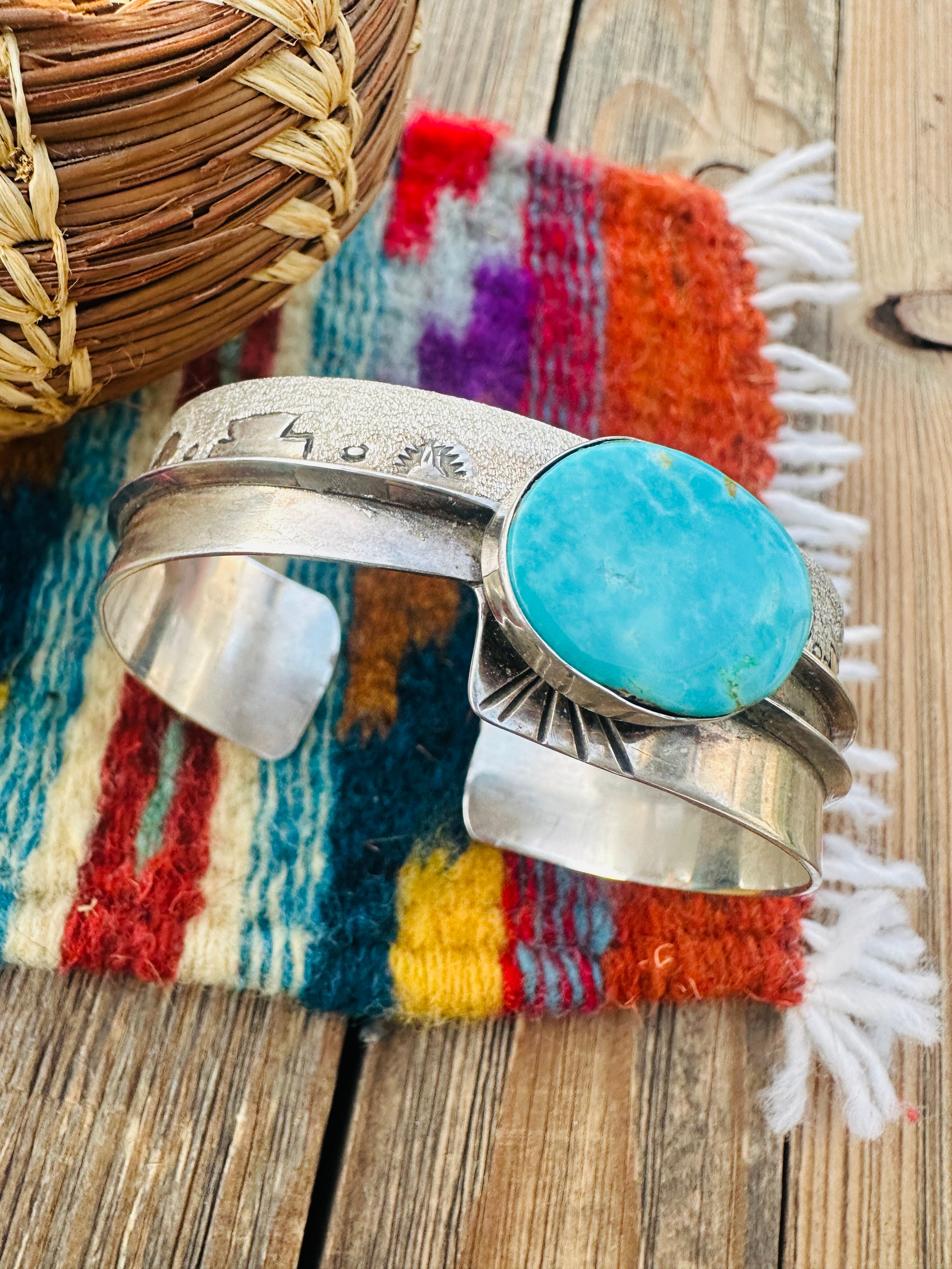 Handcrafted Old Pawn Sterling Silver & Turquoise Cuff Bracelet