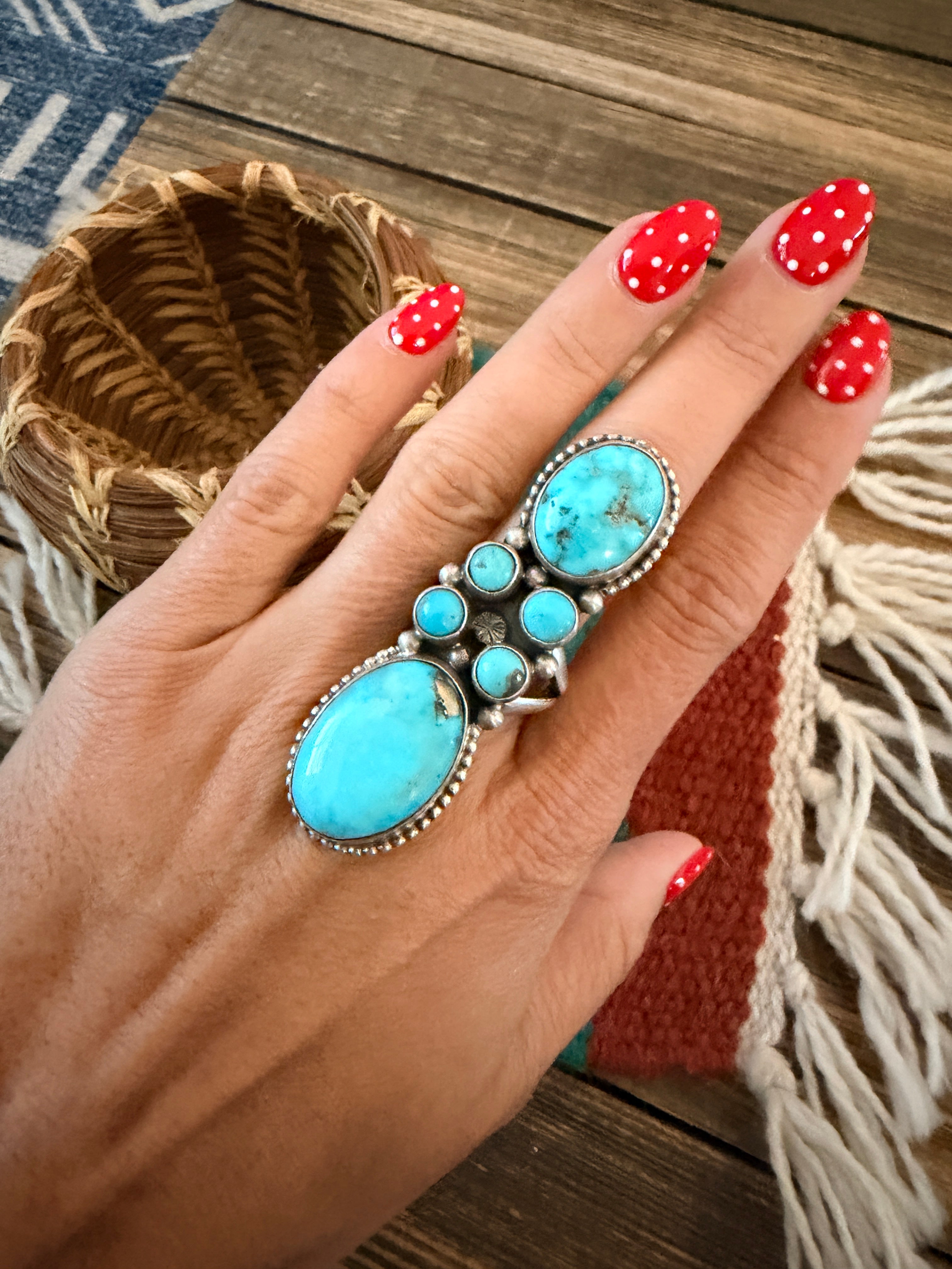 Handcrafted Kingman Turquoise & Sterling Silver Cluster Ring Size 8.5 by Sheila Becenti