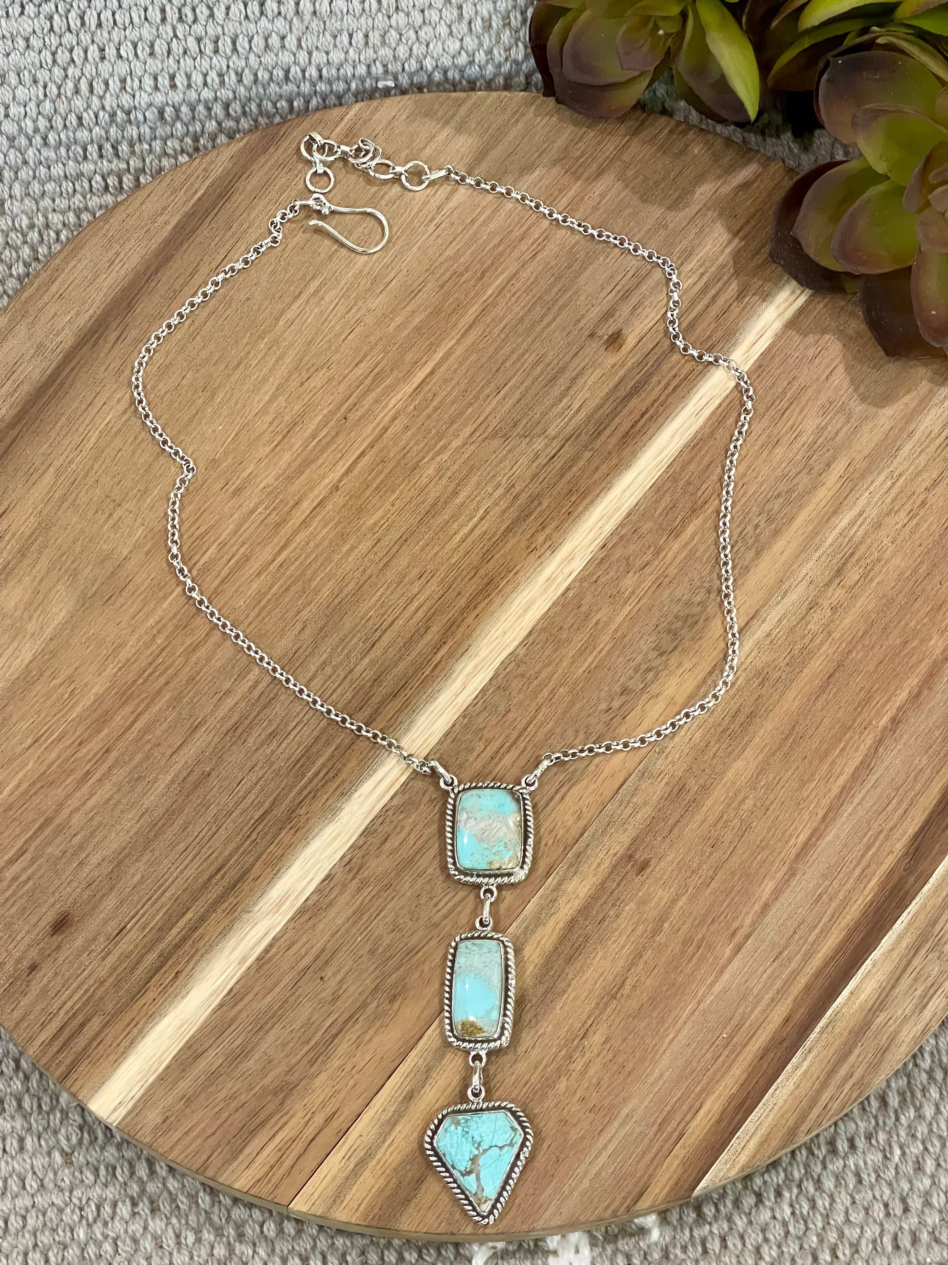 Handmade Sterling Silver & Carico Lake Turquoise Drop Necklace