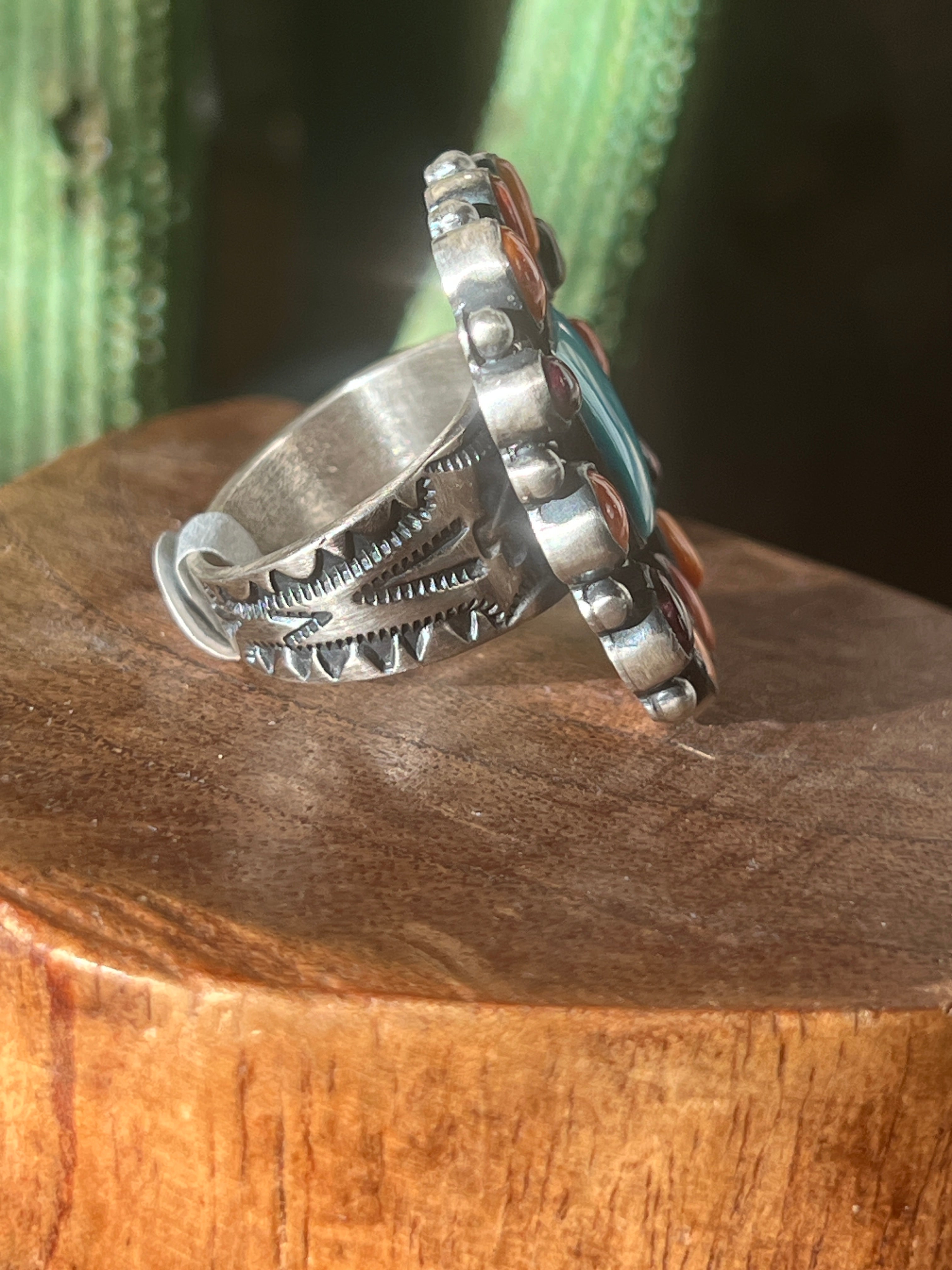 Navajo Electric Rainbow Turquoise and Spiny Oyster Ring by Angela Martin and Bernyse Chavez, Size 9