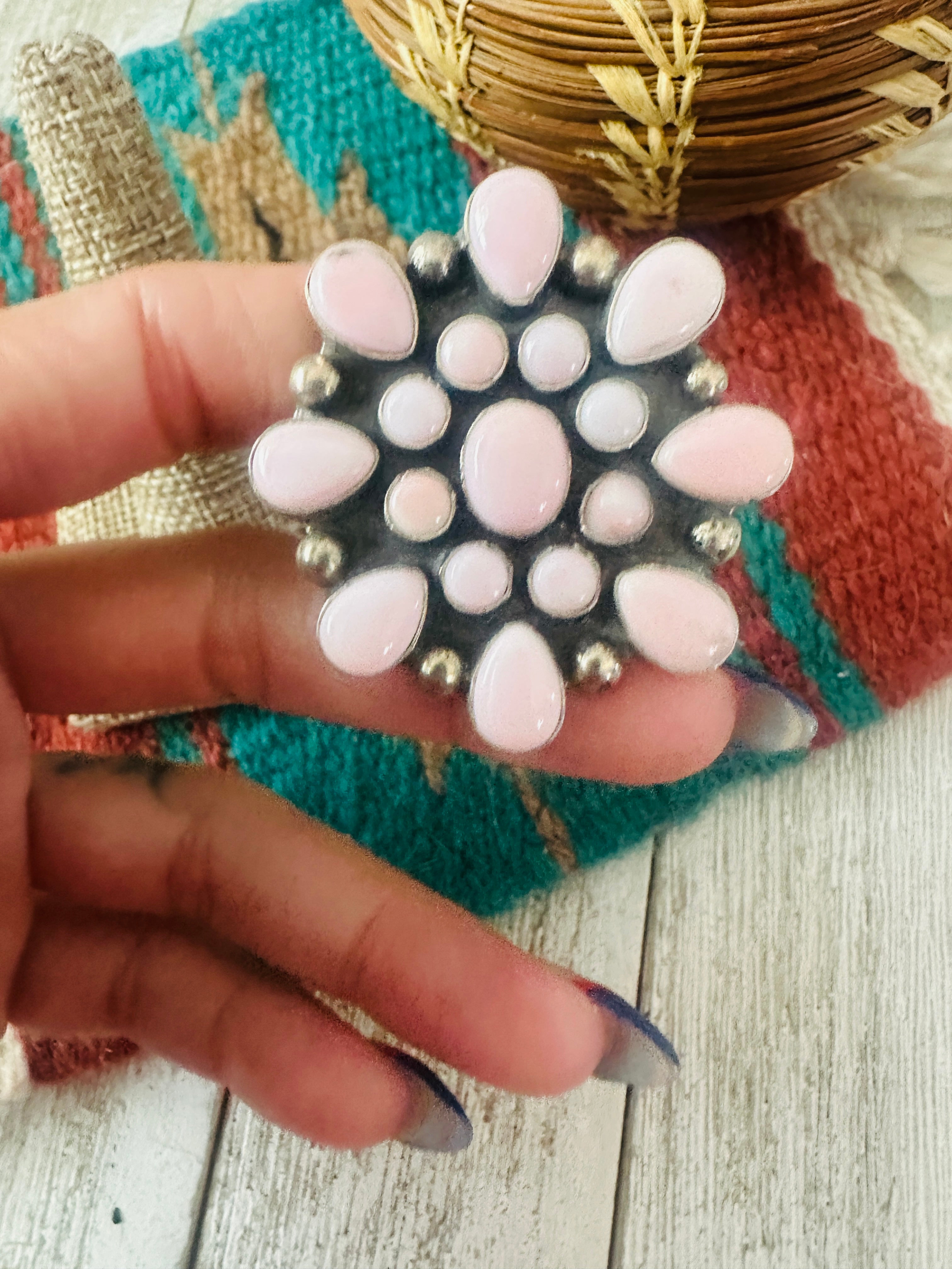 Handcrafted Sterling Silver & Queen Pink Conch Cluster Adjustable Ring