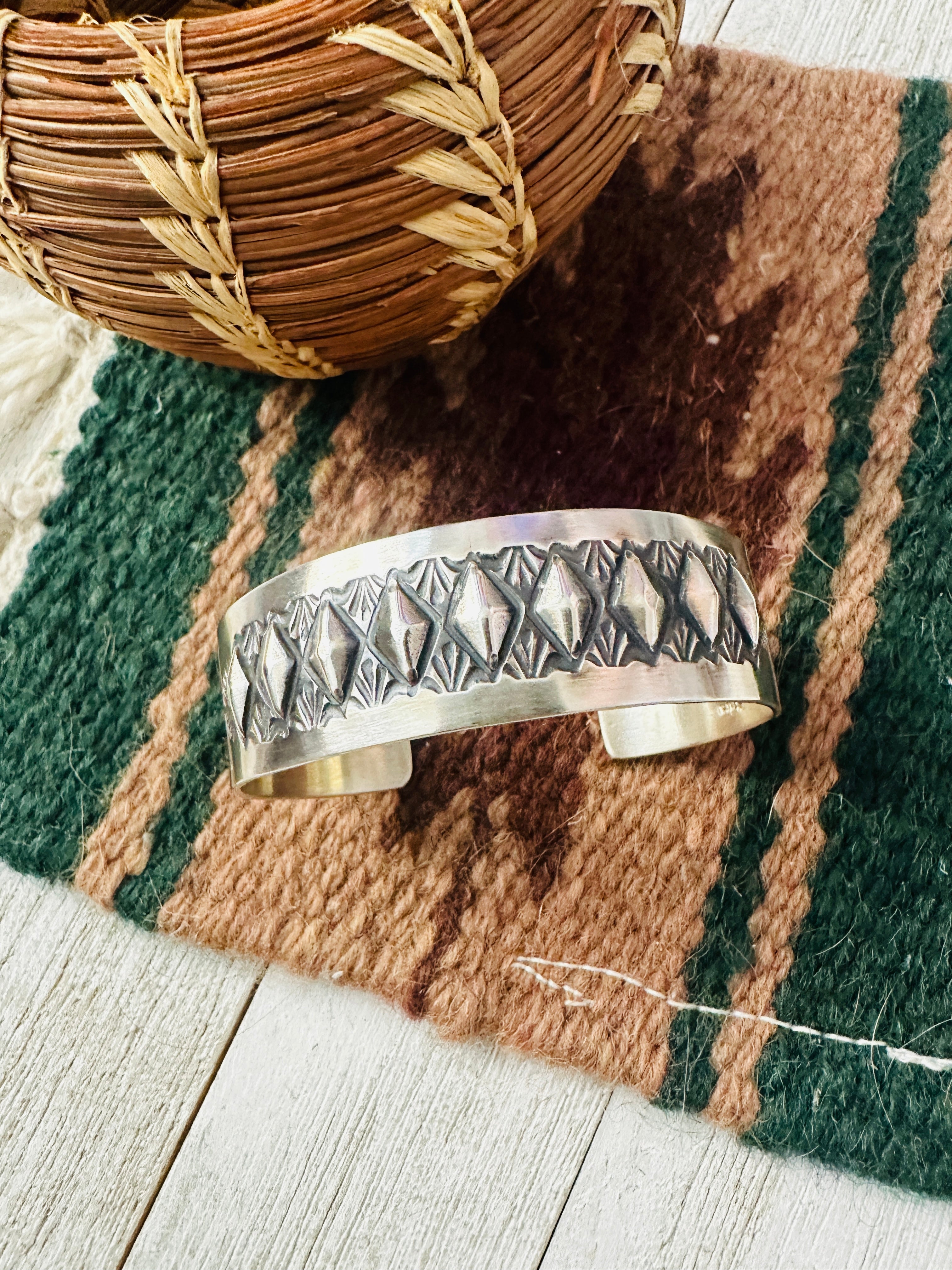 Navajo Hand Stamped Sterling Silver Cuff Bracelet By Elvira Bill