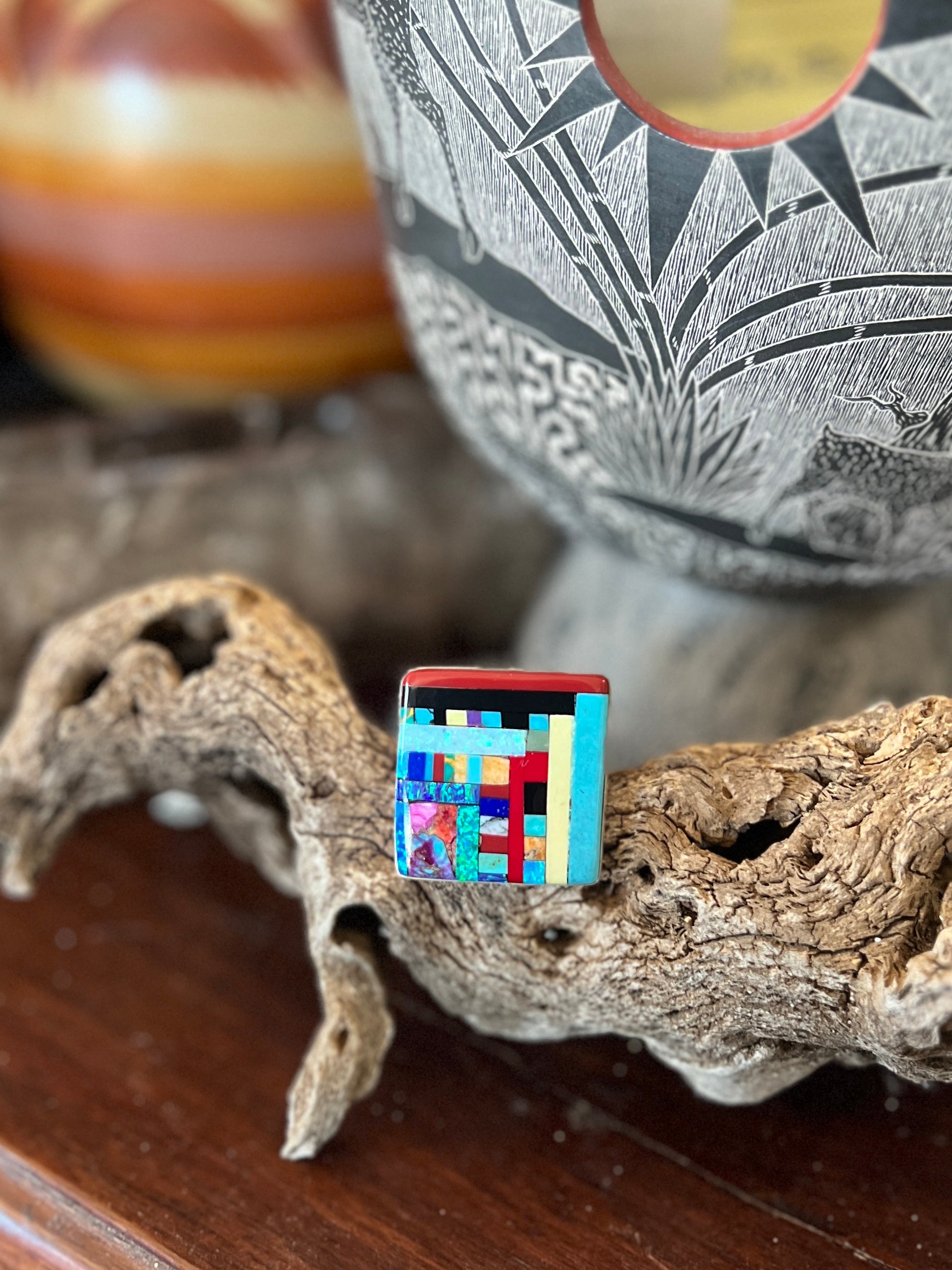 Ronald Chavez Sterling Silver Square Mosaic Multistone Ring, Size 10
