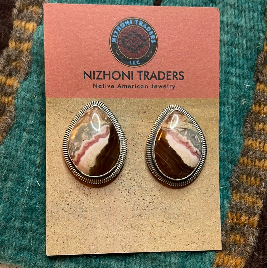 Navajo Sterling Silver & Rhodochrosite Stone Post Earrings