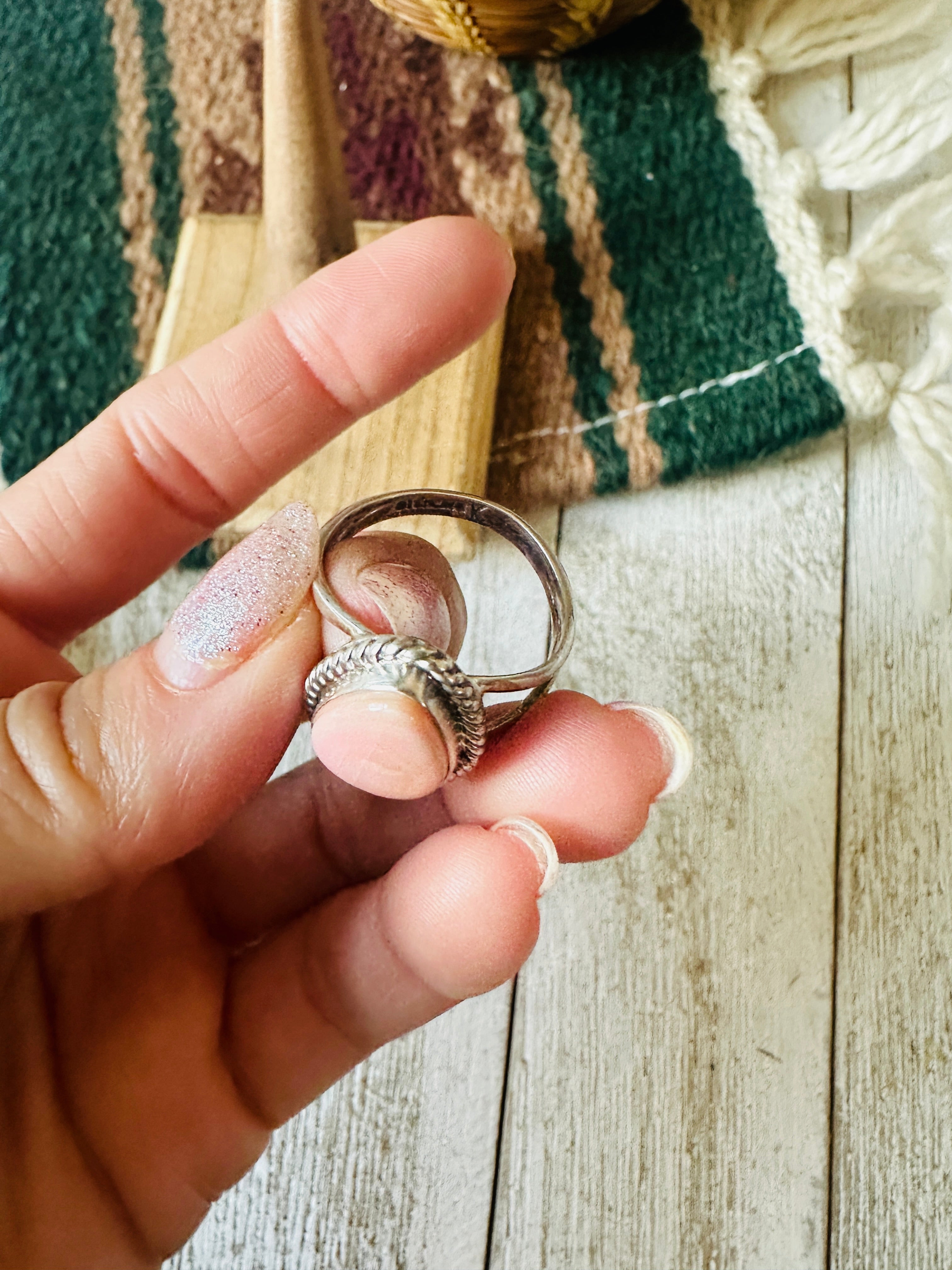 Navajo Sterling Silver & Queen Pink Conch Shell Teardrop Ring Size 9