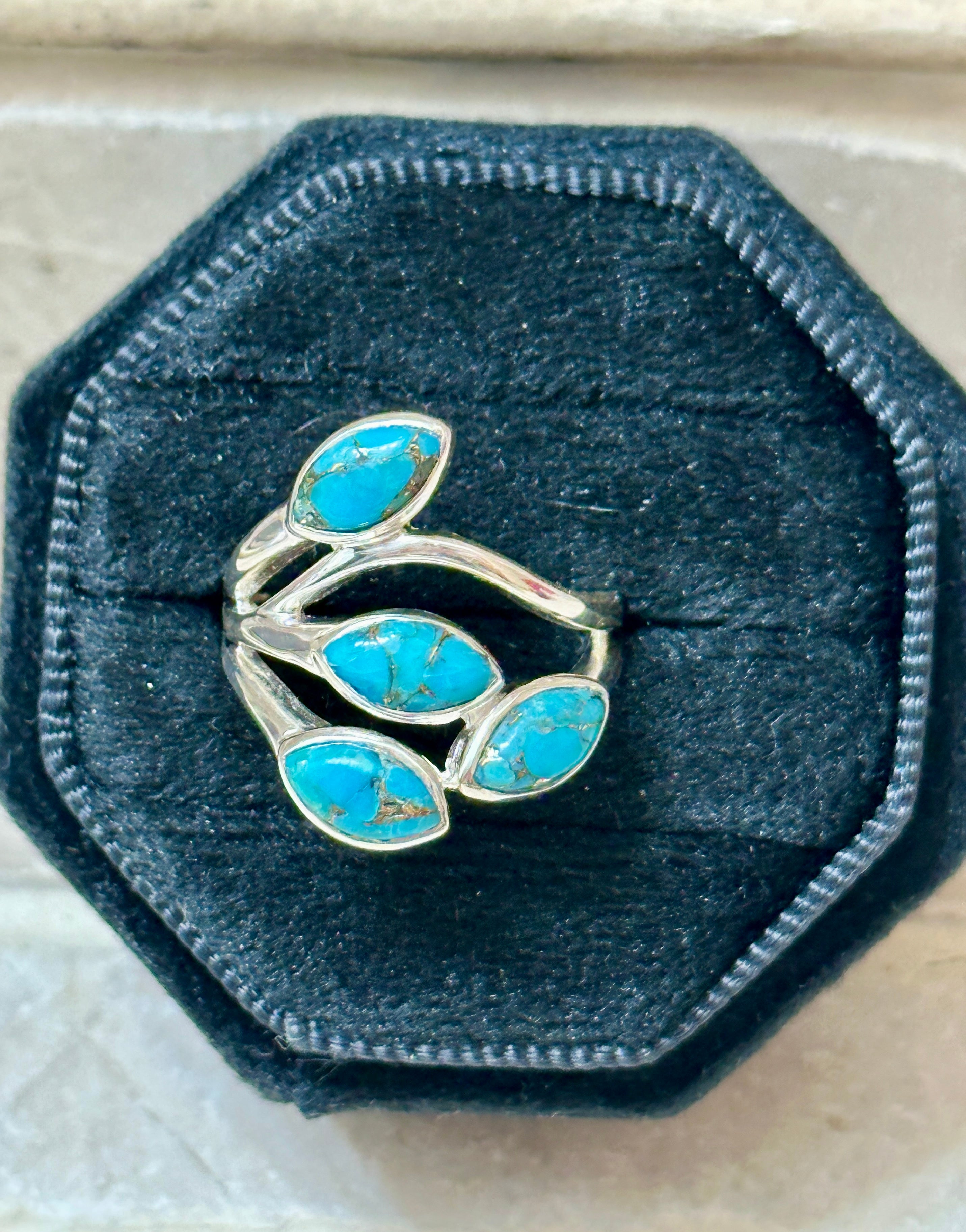 Four Stone Blue Copper Turquoise Sterling Silver Ring Size 7
