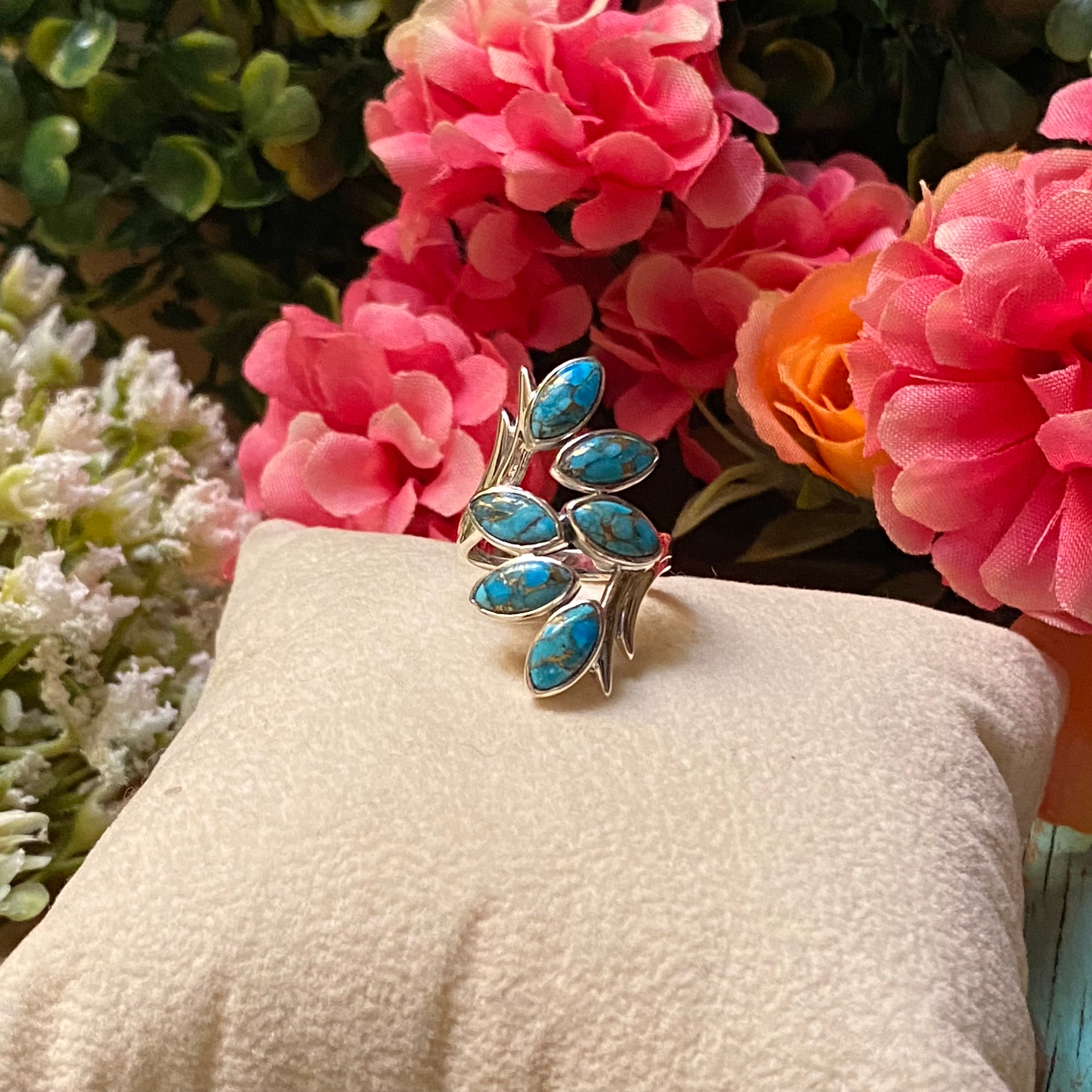 Sterling Silver Six Leaf Copper Turquoise Ring Size 5.5