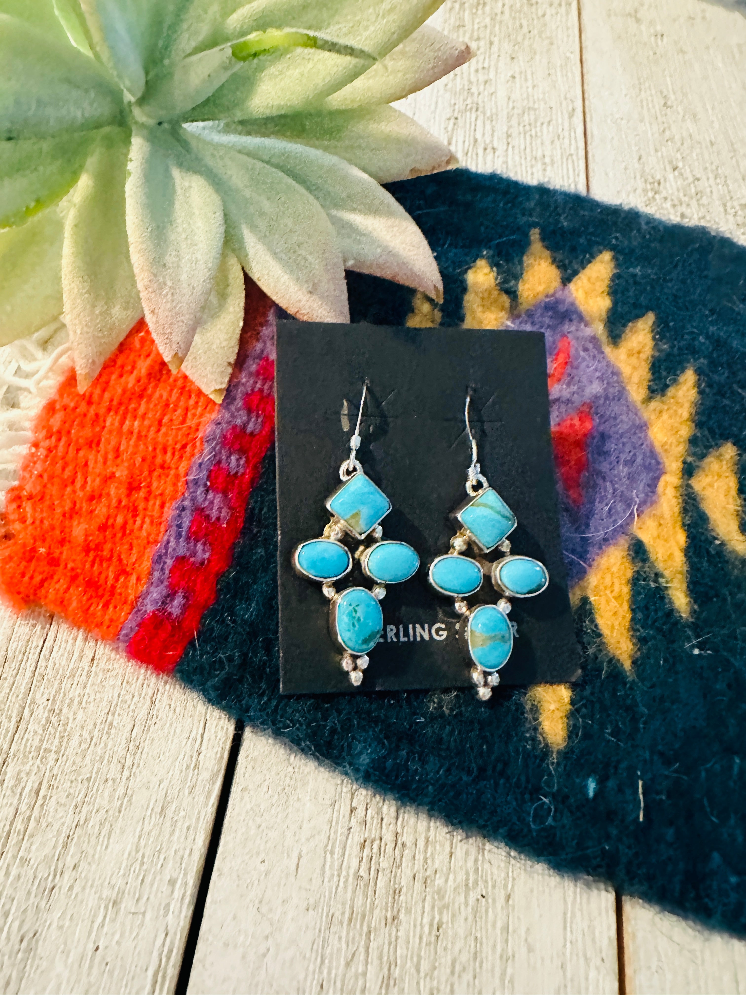 Navajo Kingman Turquoise and Sterling Silver Dangle Earrings