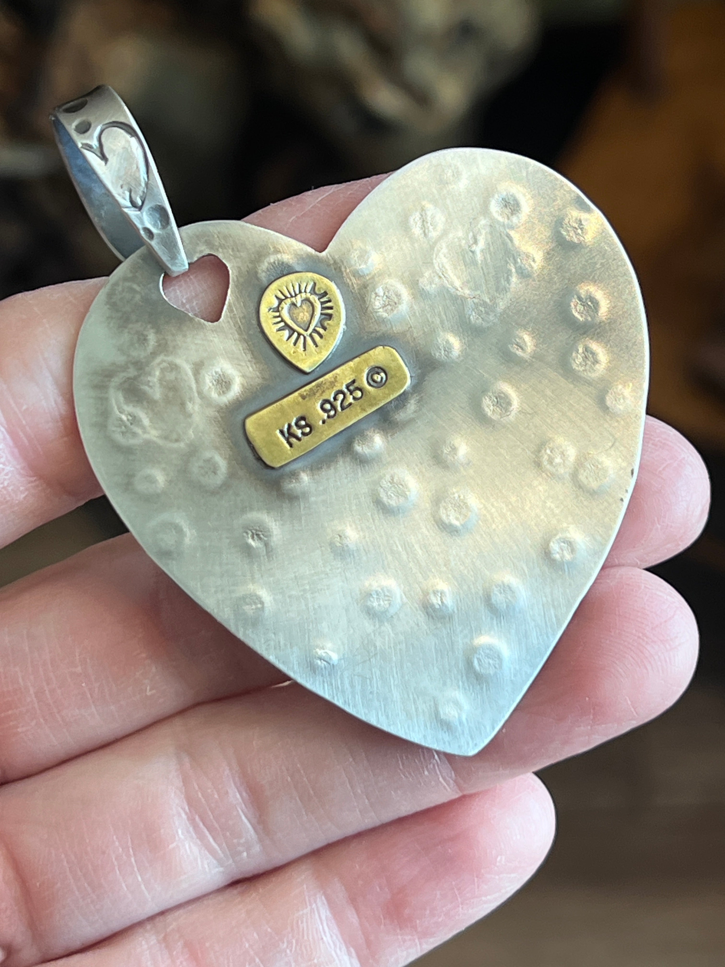 Kimari Somers Hand Stamped Sterling Silver, Copper, Brass & Turquoise ‘Full Heart’ Pendant