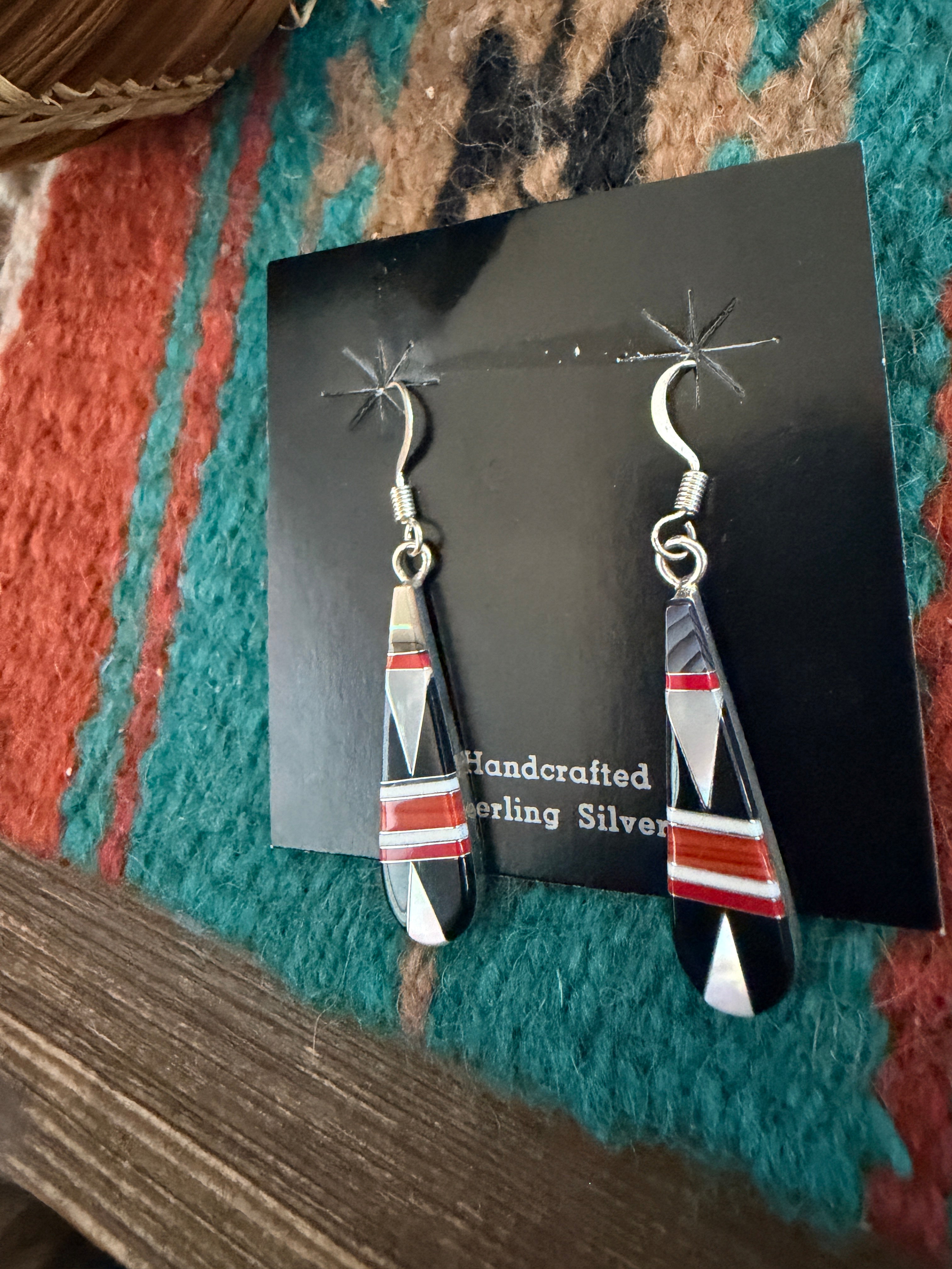 Old Pawn Handcrafted Sterling Silver & Multi Stone Inlay Dangle Earrings