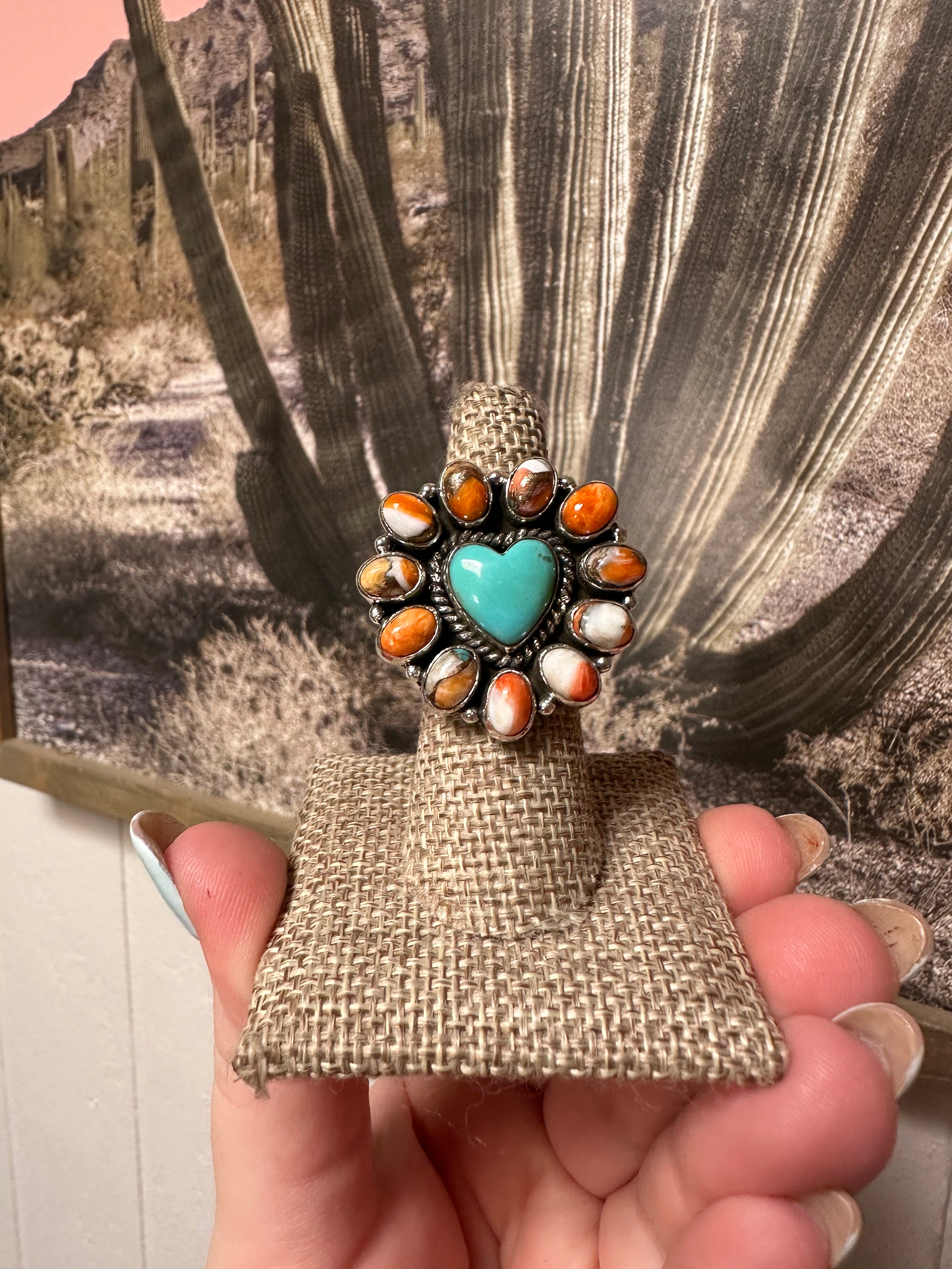 Handmade Sterling Silver, Turquoise, Orange Mojave Cluster Adjustable Ring