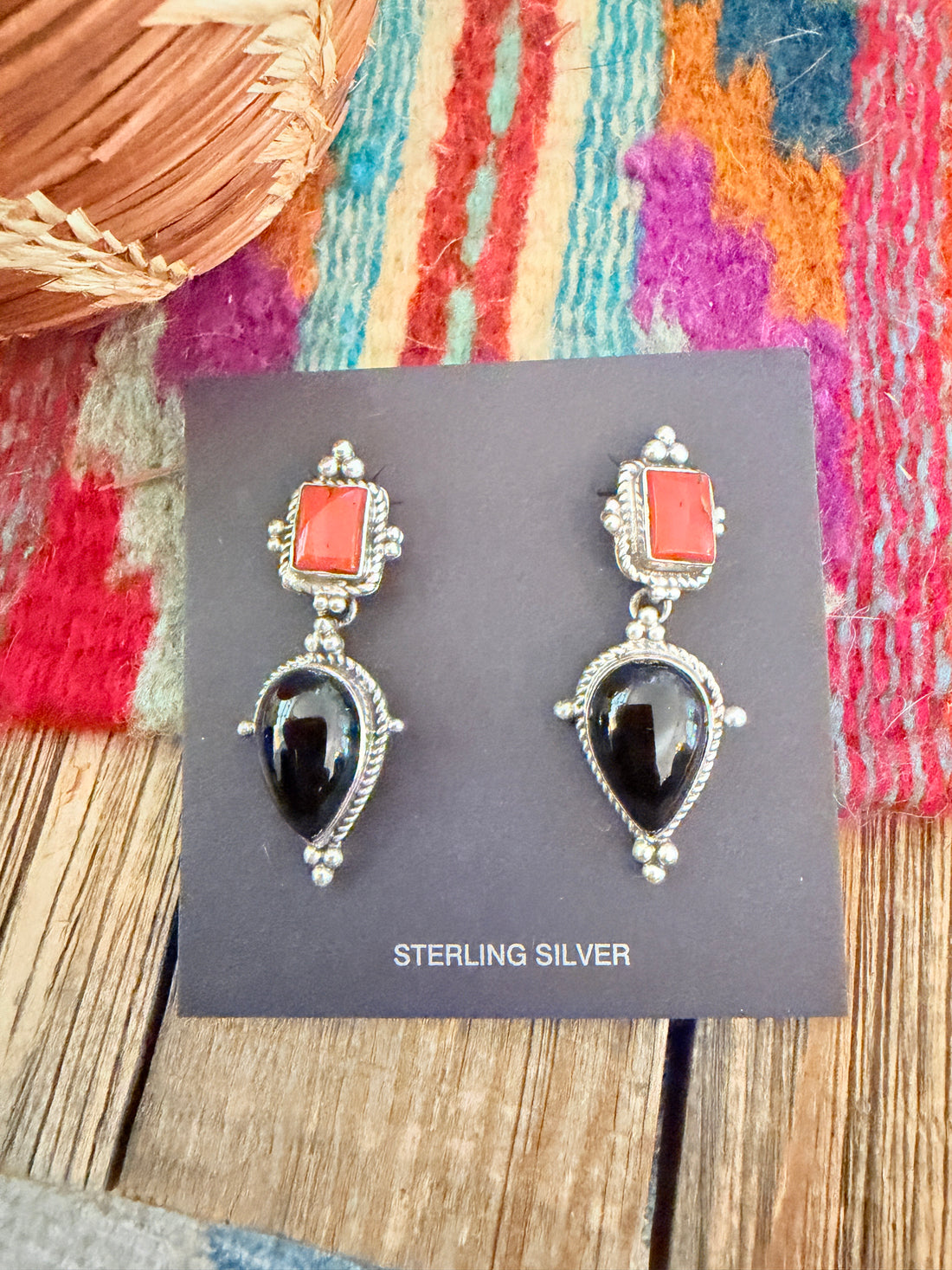 Handcrafted Onyx, Coral & Sterling Silver Dangle Earrings
