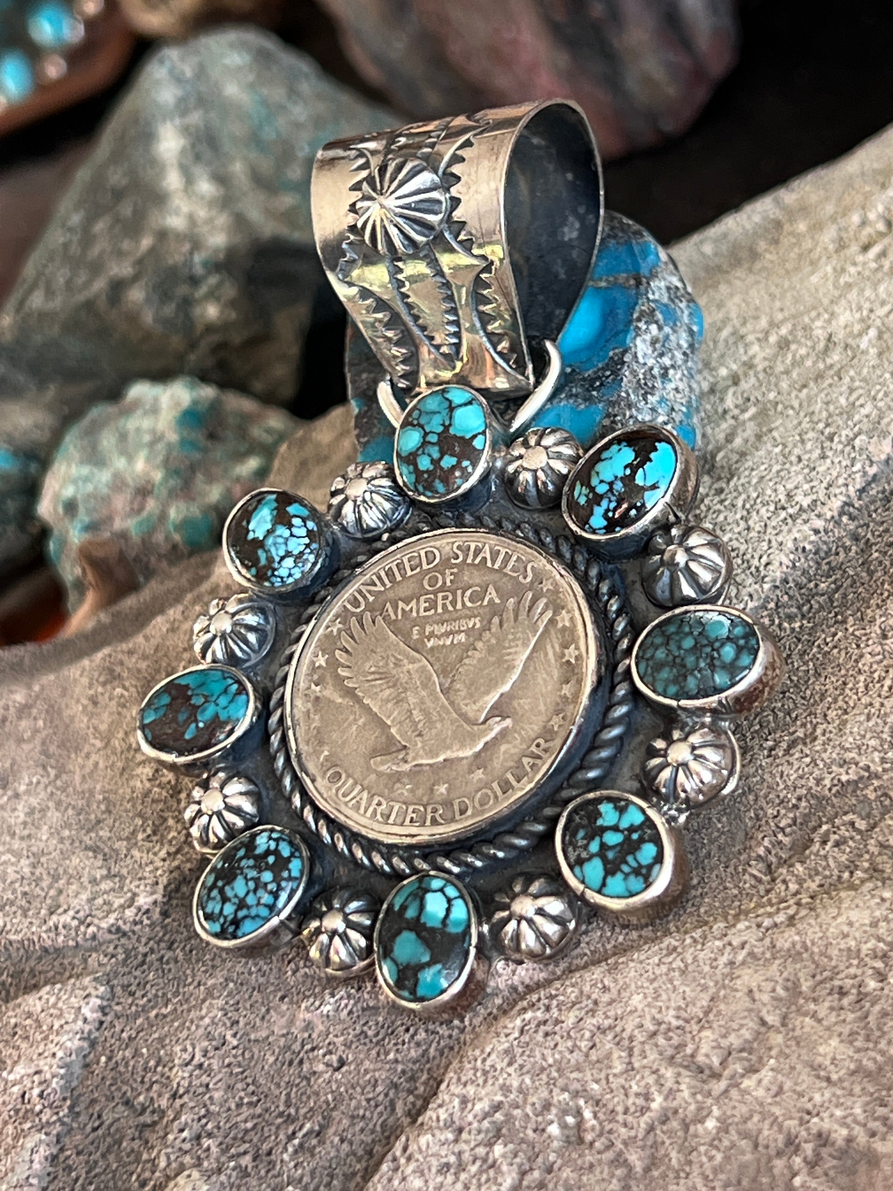 Rosella Paxson Sterling Silver, Liberty Quarter and Hubei Turquoise Cluster Pendant