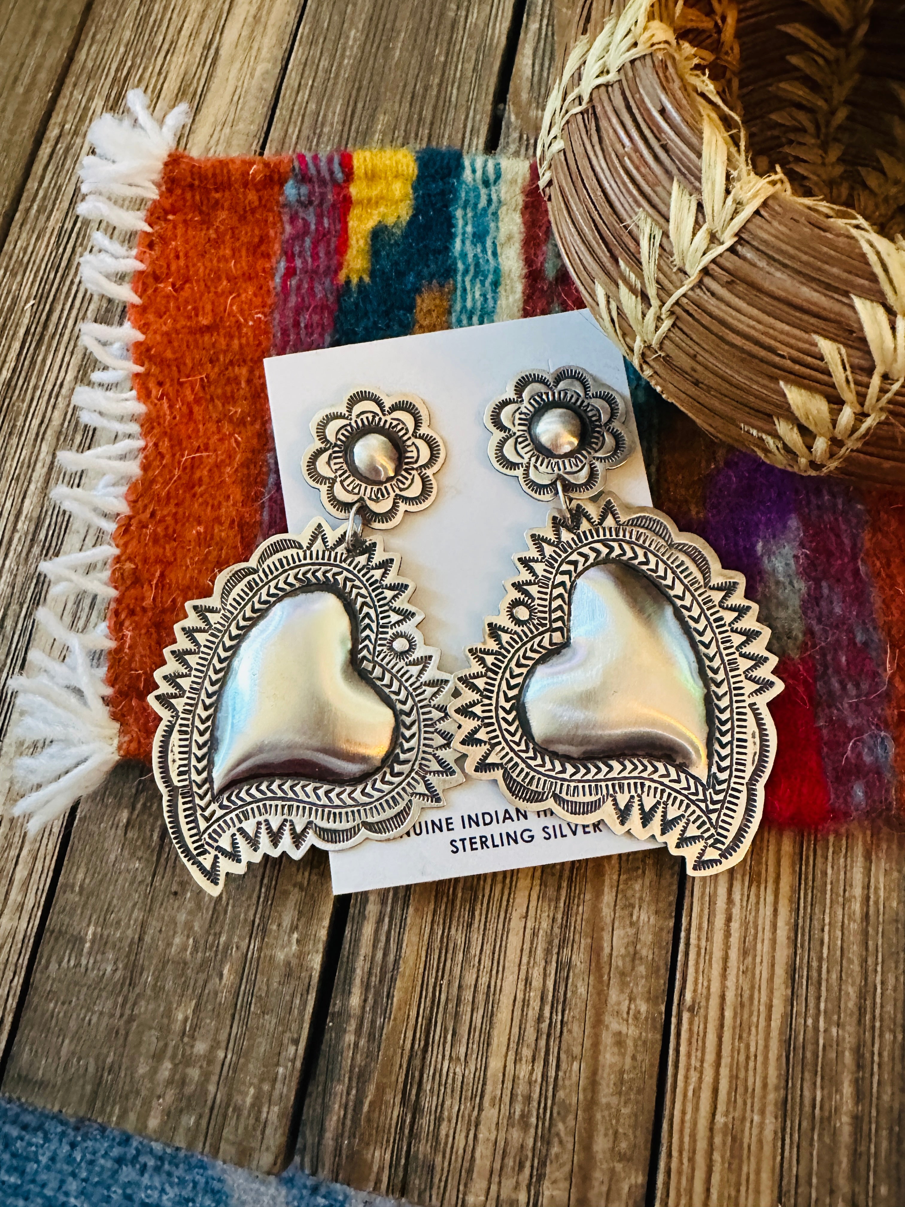 Handcrafted Sterling Silver Concho Heart Dangle Earrings by Leander Tahe