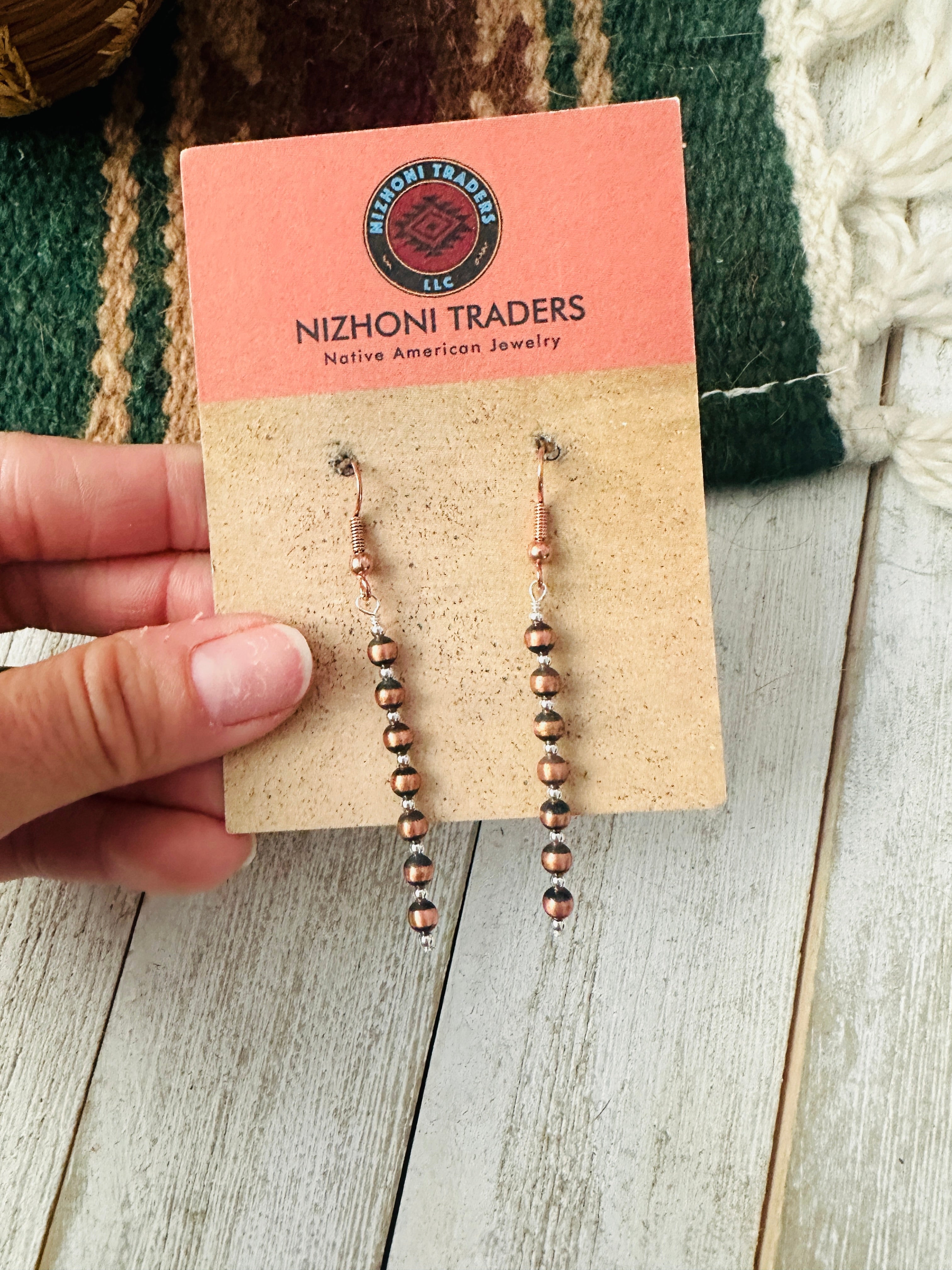 Navajo Copper, Sterling Silver Beaded Dangle Earrings