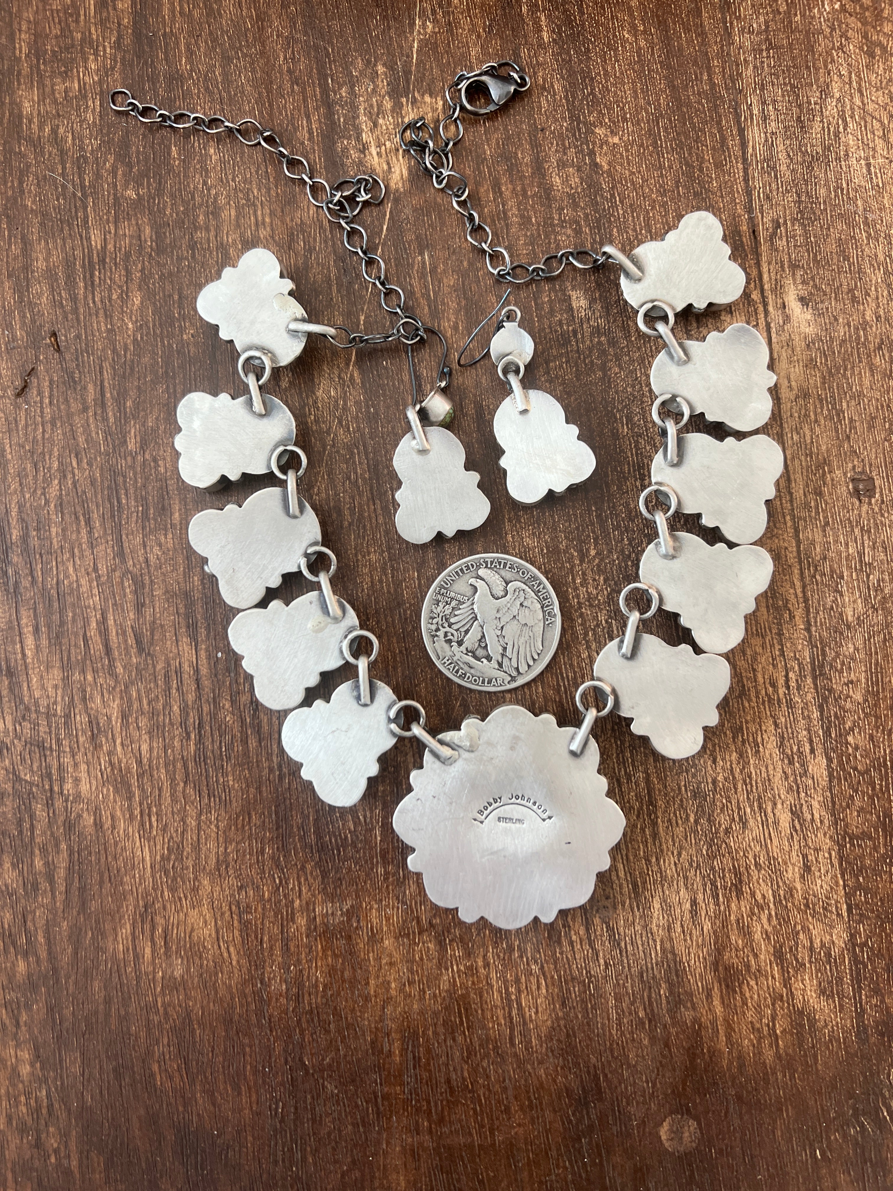 Handcrafted Sterling Silver and Blue Moon Turquoise Cluster Necklace and Earrings Set by Bobby Johnson